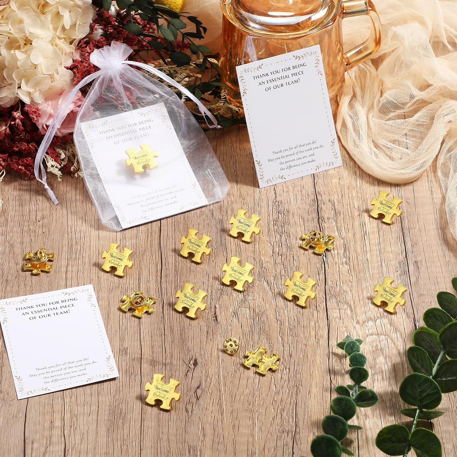 Employee Appreciation Gifts Bulk Puzzle Piece Lapel Pin Thank You Card and Organza Bag Building Recognition Soccer Baseball Team Gift for Employee Office Staff Coworker
