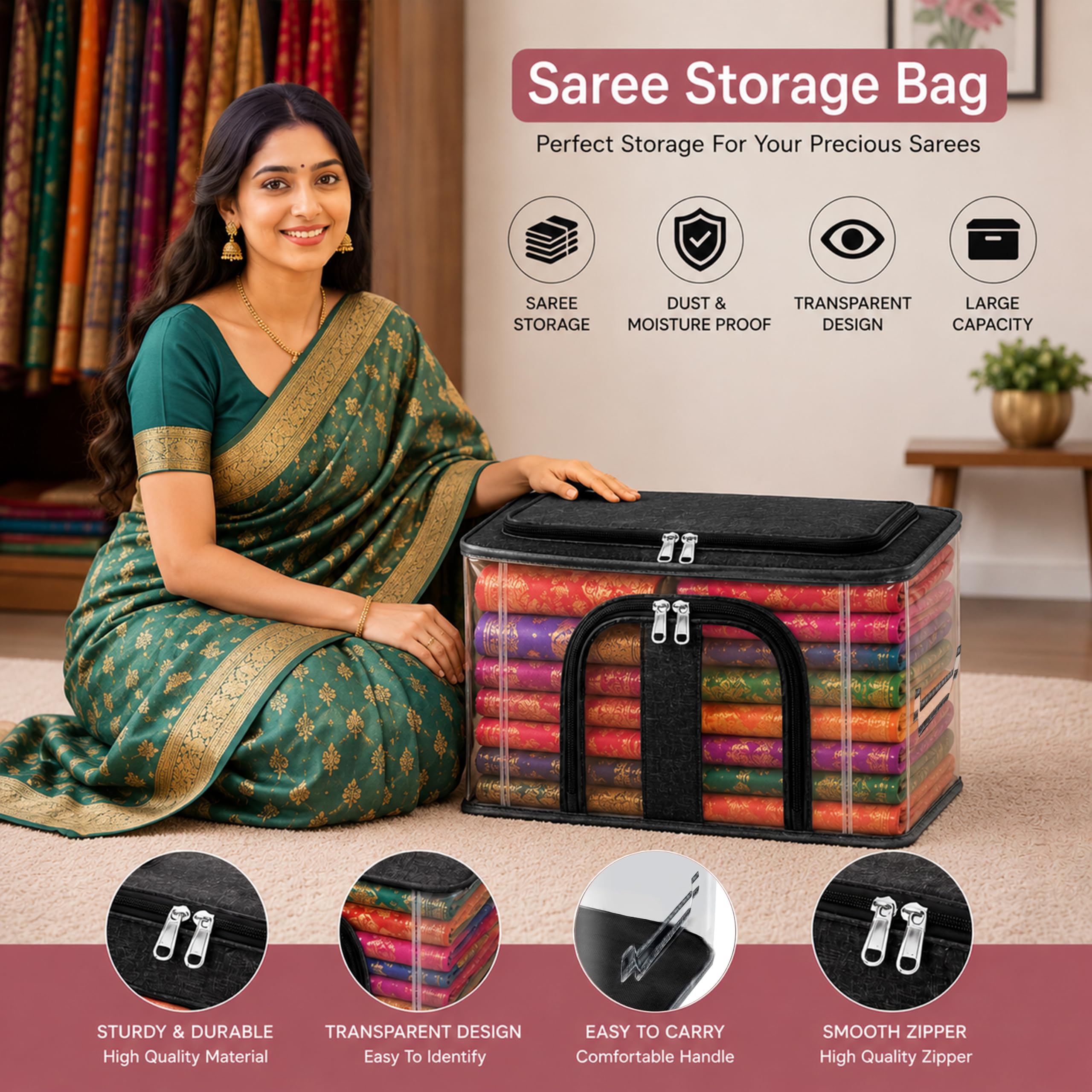 Storite Aufbewahrungsbox aus Nylon, 33 l, PVC, transparent, feuchtigkeitsbeständig, für Kleidung, Schrank, Kleiderschrank, Organizer, Saree-Taschen für Kleidung, mit Tragegriff, Schwarz, 44 x 31 x 24