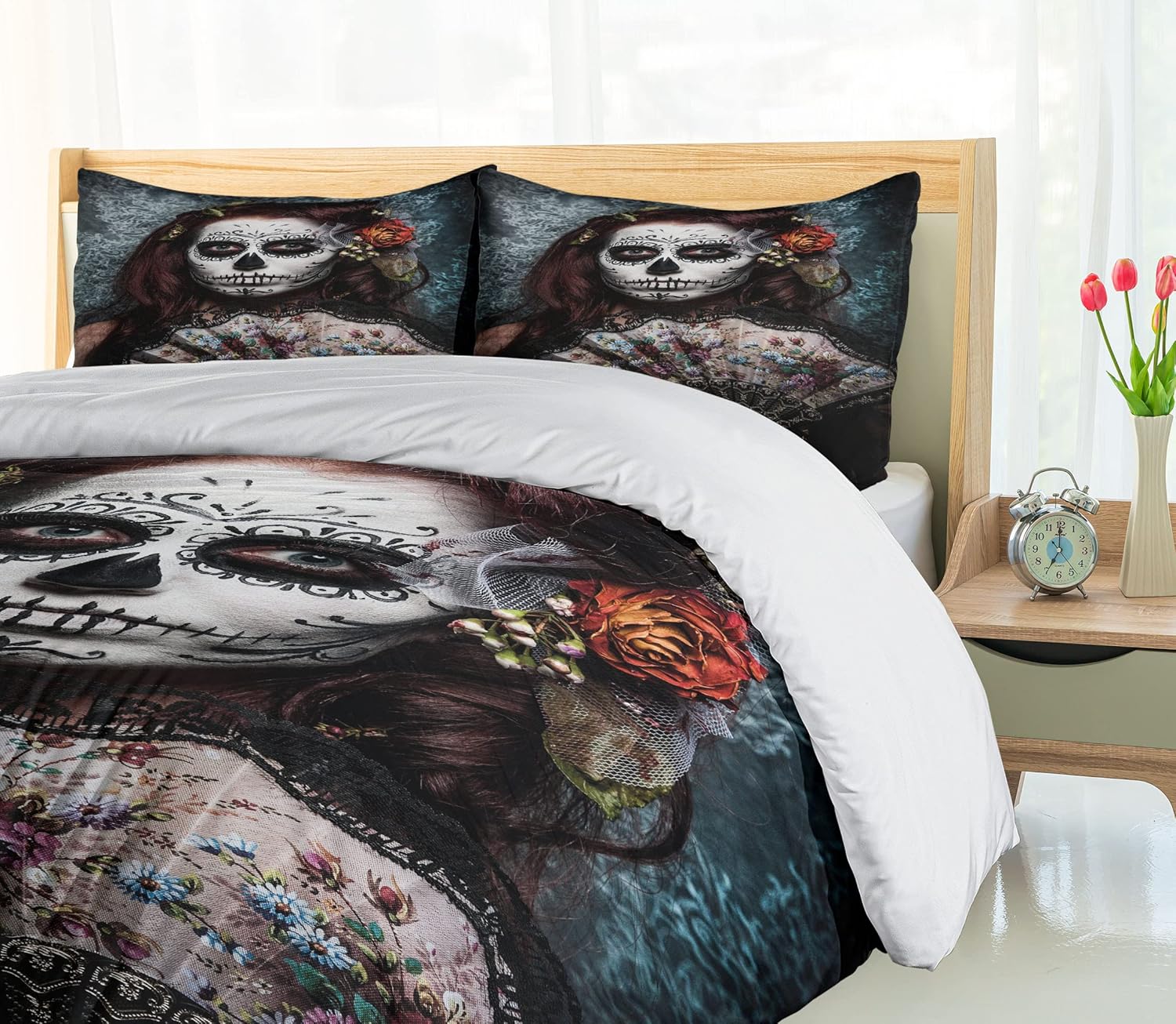 Ambesonne Day of The Dead Duvet Cover Set, Make up Artist Girl Skull Scary Roses Art Print, Decorative 3 Piece Bedding Set with 2 Pillow Shams, Queen Size, Cadet Blue Maroon