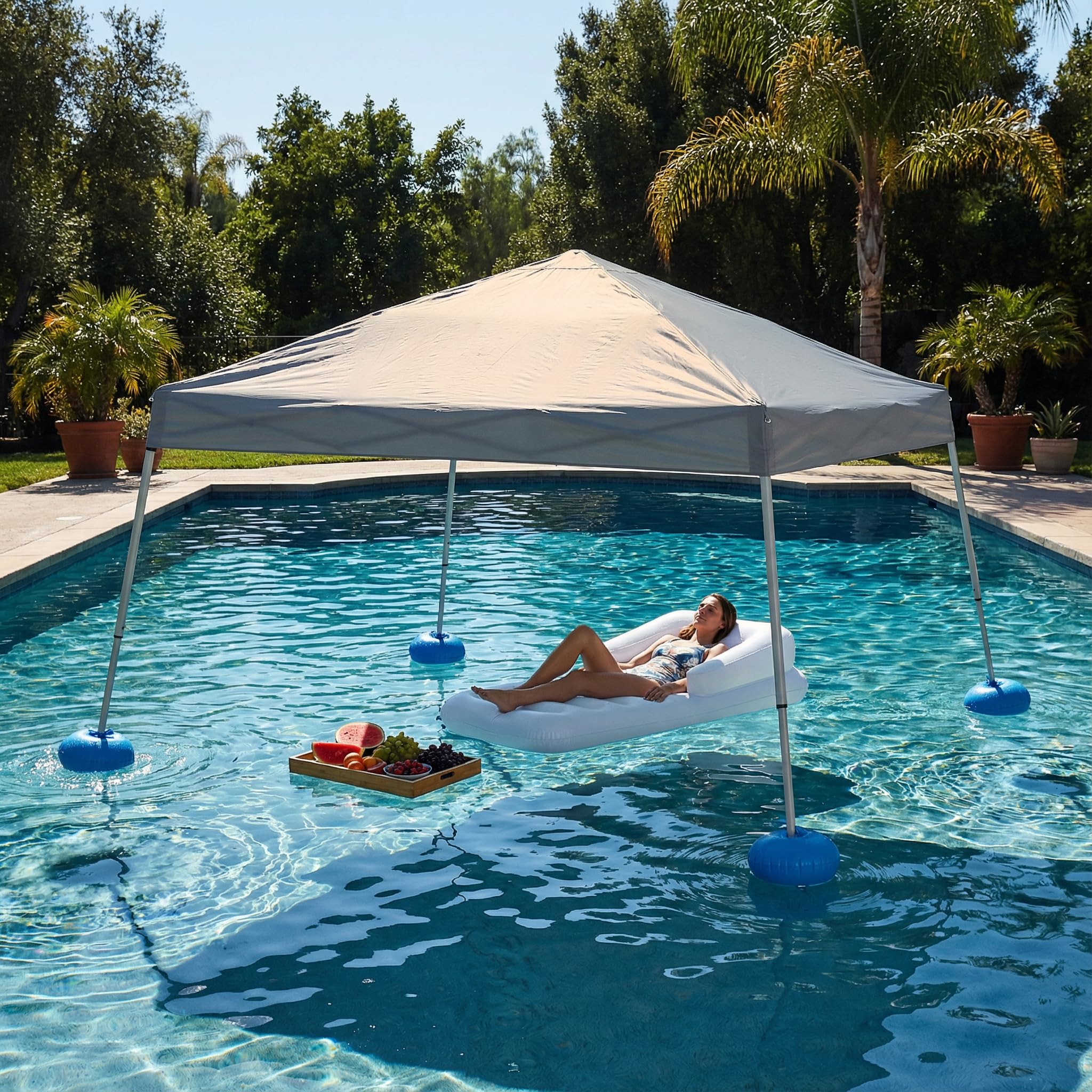 SUNJOY 3 x 3 m Pop Up Pool Pavillon mit UPF 50+ Sonnendach, Stahlrahmen, höhenverstellbar, schwimmender Outdoor Pavillon mit PVC Schwimmkörpern, Handpumpe und Tragetasche