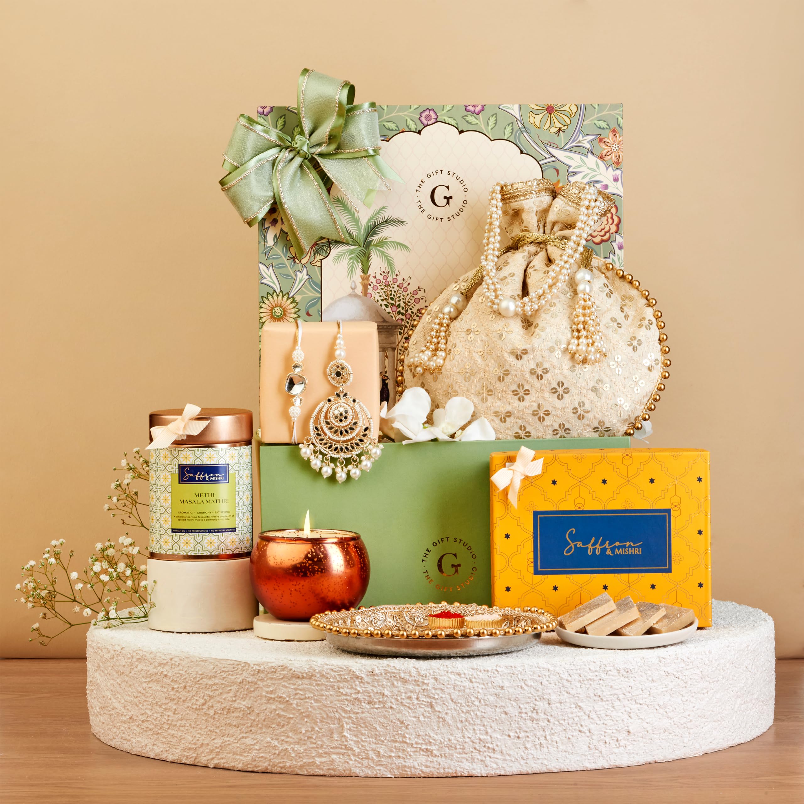 THE GIFT STUDIO.COM | The Royal Bhaiya Bhabhi Rakhi Hamper | Regal Pearl Rakhi & Lumba Set, Kaju Katli, Candle & Festive Gift Box | Raksha Bandhan Gift-image-13
