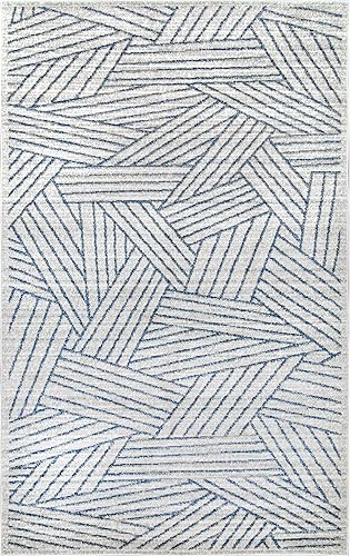 Miniatura 5 de nuLOOM Alfombra contemporánea Blanca a rayas, 2 x 6 pies, azul