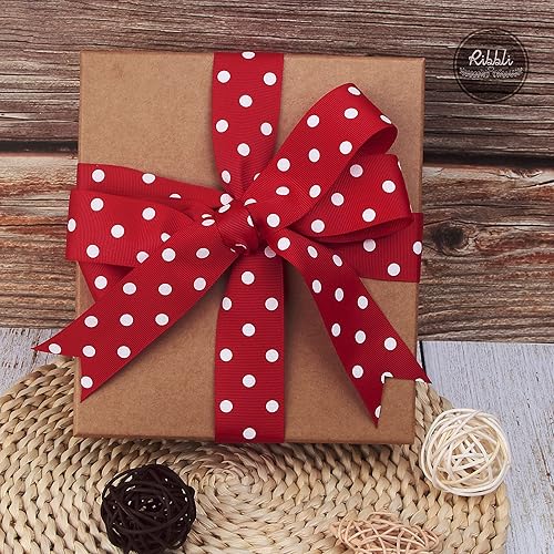Miniatura 4 de Ribbli Cinta de grogrén para manualidades, 1-12 pulgadas, carrete continuo de 20 yardas, rojo con puntos blancos, uso para lazos para el cabello,