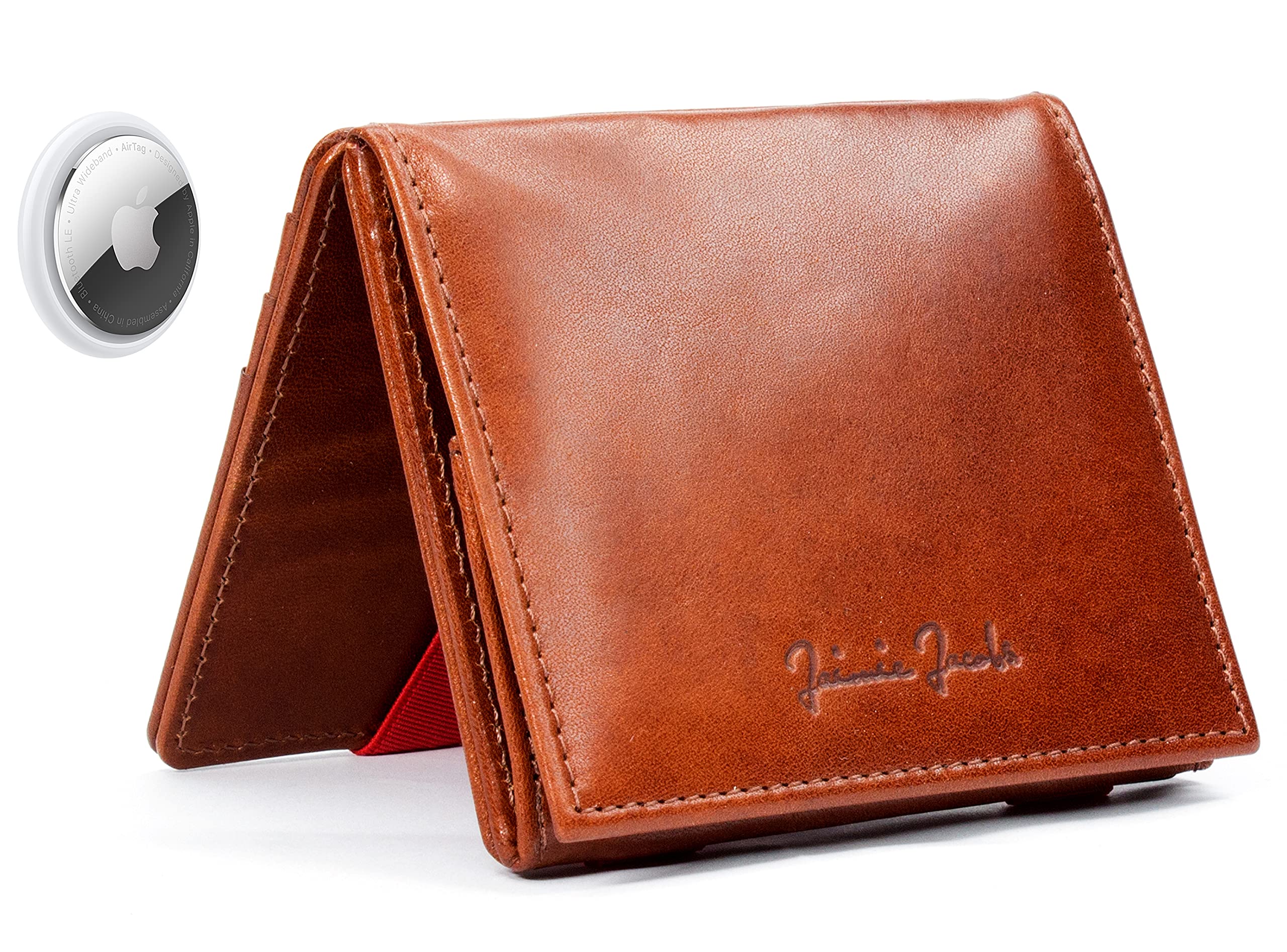 Jaimie Jacobs Flap Boy AirTag-Edition mit Gravur Magic Wallet Echtleder (Dunkelbraun mit Rot)