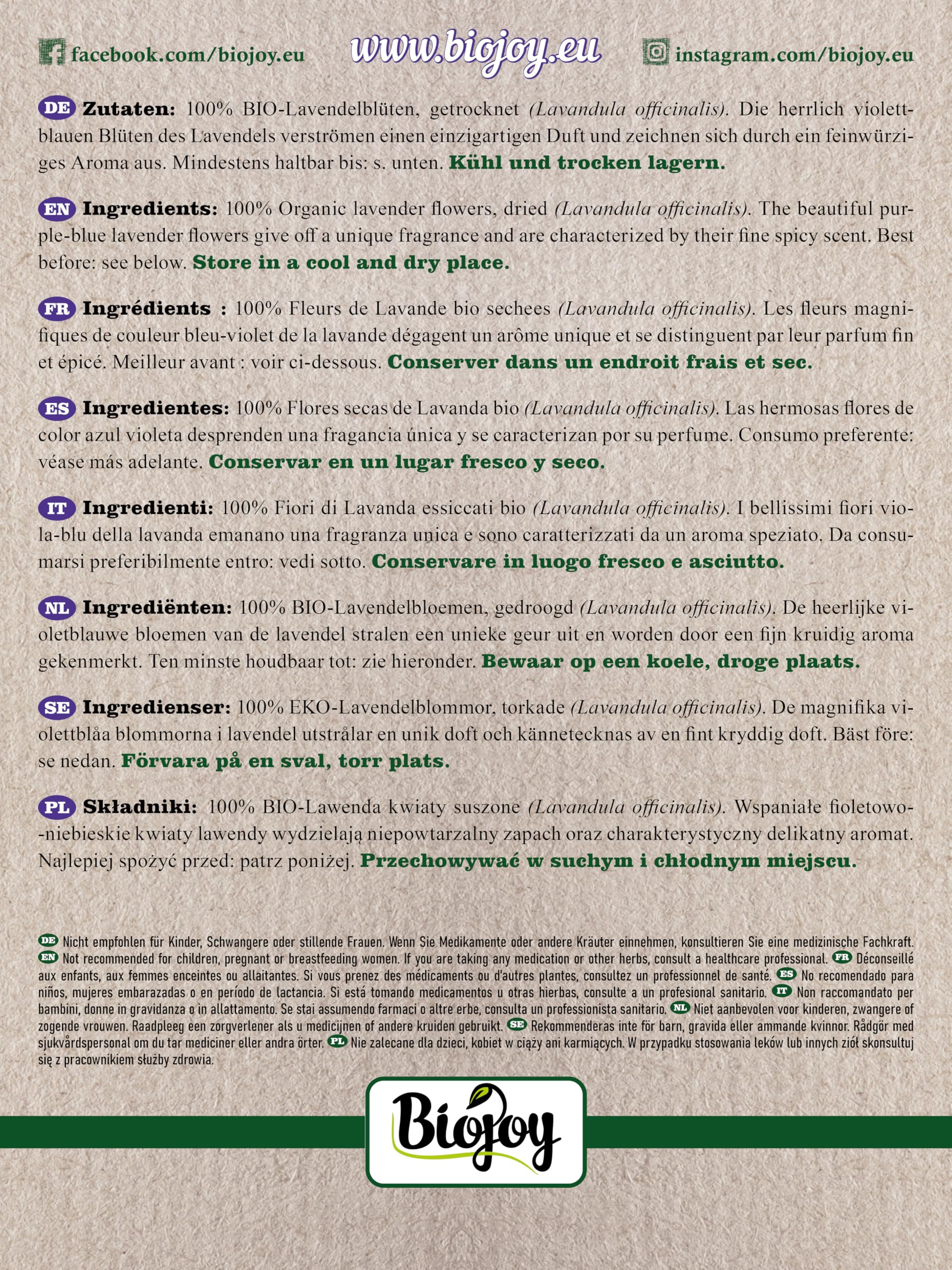 Biojoy BIO Kwiaty lawendy, suszone, herbata, 50 g | Lawenda, do herbaty, poduszek zapachowych lub dekoracji, Lavandula officinalis L.