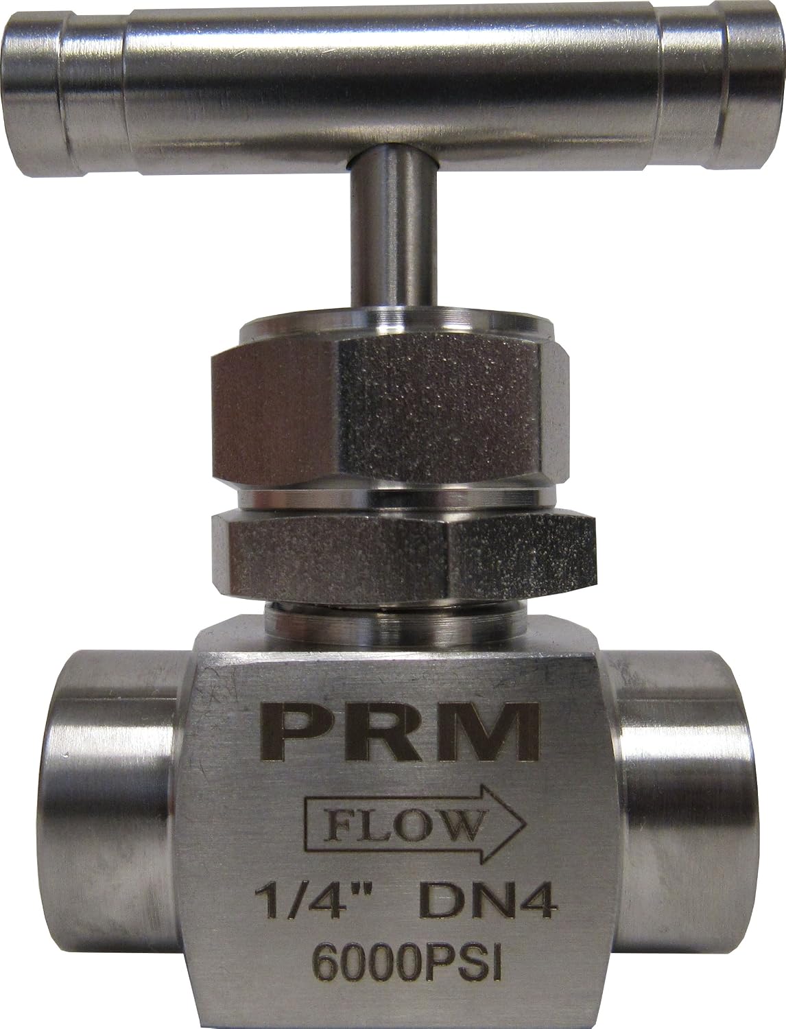 PRM 1/4 Inch Needle Valve, 304 Stainless Steel, Female NPT, 6000 PSI, PTFE Stem Seal, T-Design Handle, Temperature Range -65°F to 450°F for Fluid Control in Industrial Applications