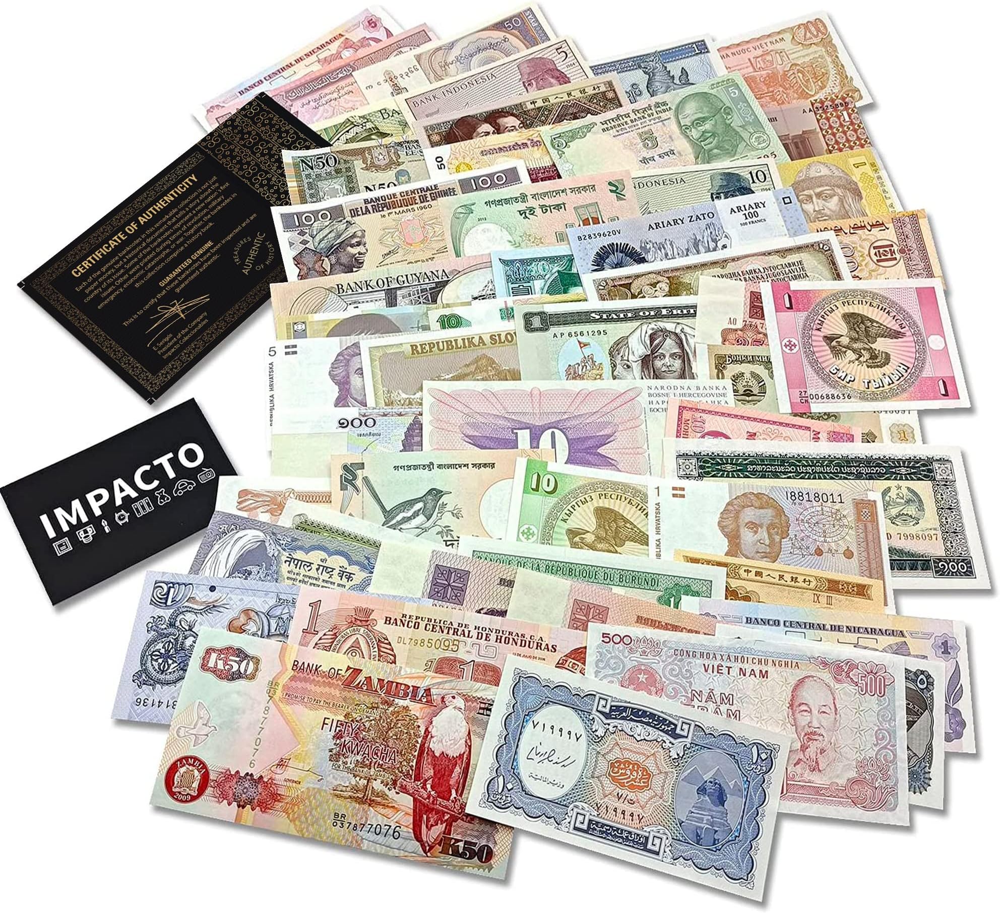 IMPACTO COLECCIONABLES World Currency Collection – 50 Uncirculated Banknotes from more than 30 Different Countries, with Certificate of Authenticity – Old Paper Money for Collectors
