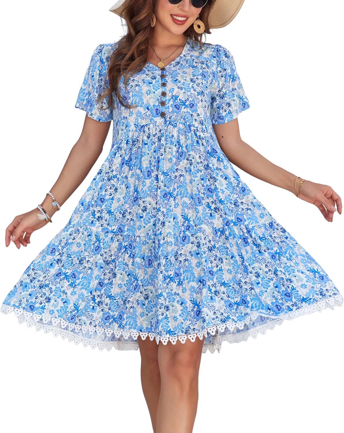 Women's V-Neck Button Down Casual Floral Midi Dress with Short Sleeve Lace Trim Hem Side Pockets - Image 5