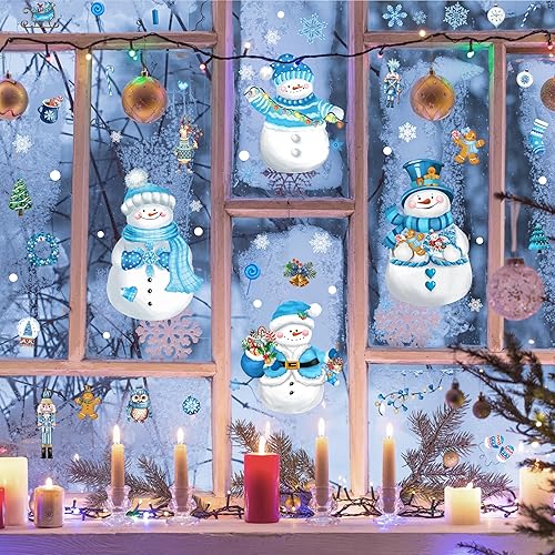 Miniatura 21 de BORAMDO 14 hojas de calcomanías de copo de nieve de muñeco de nieve, decoraciones de ventana extraíbles de Navidad para ventanas de vidrio