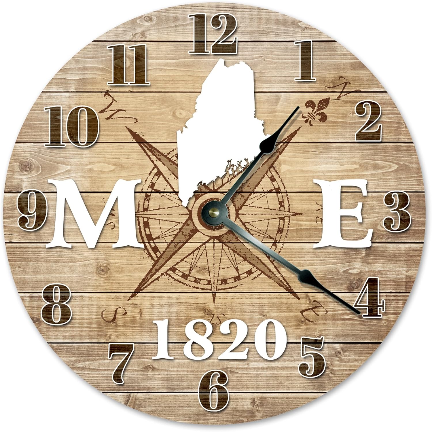 Maine Established Silent Non Ticking Round Battery Operated Handmade Hanging Large10.5 Inch Wall Clock for Bedroom Office Cottage Decoration