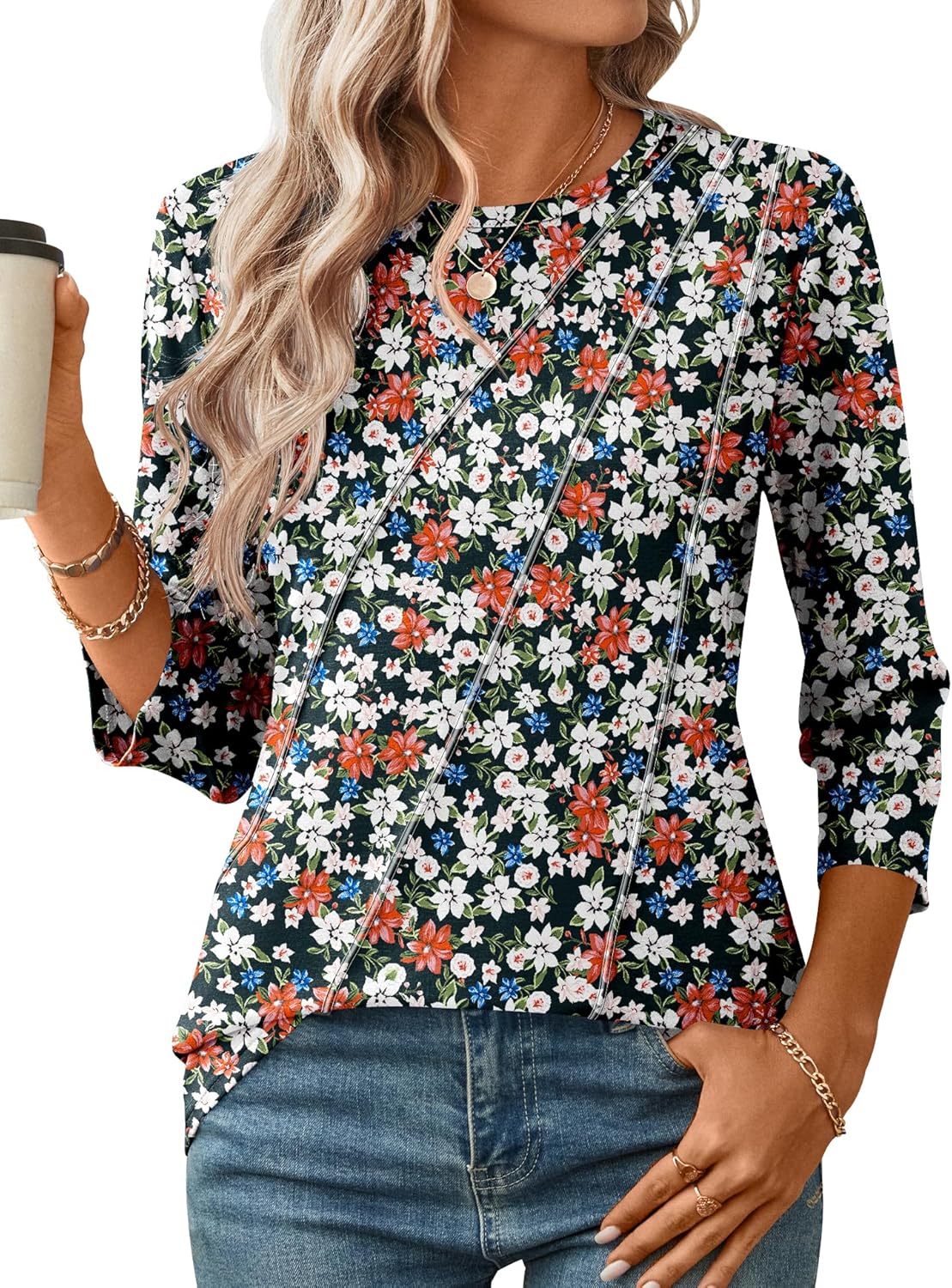 LOMON 3/4 Length Sleeve Womens Tops Spring Summer Fashion 2026 Tops Crew Neck Pleated Shirts Tunic Top Loose Fit - Image 2