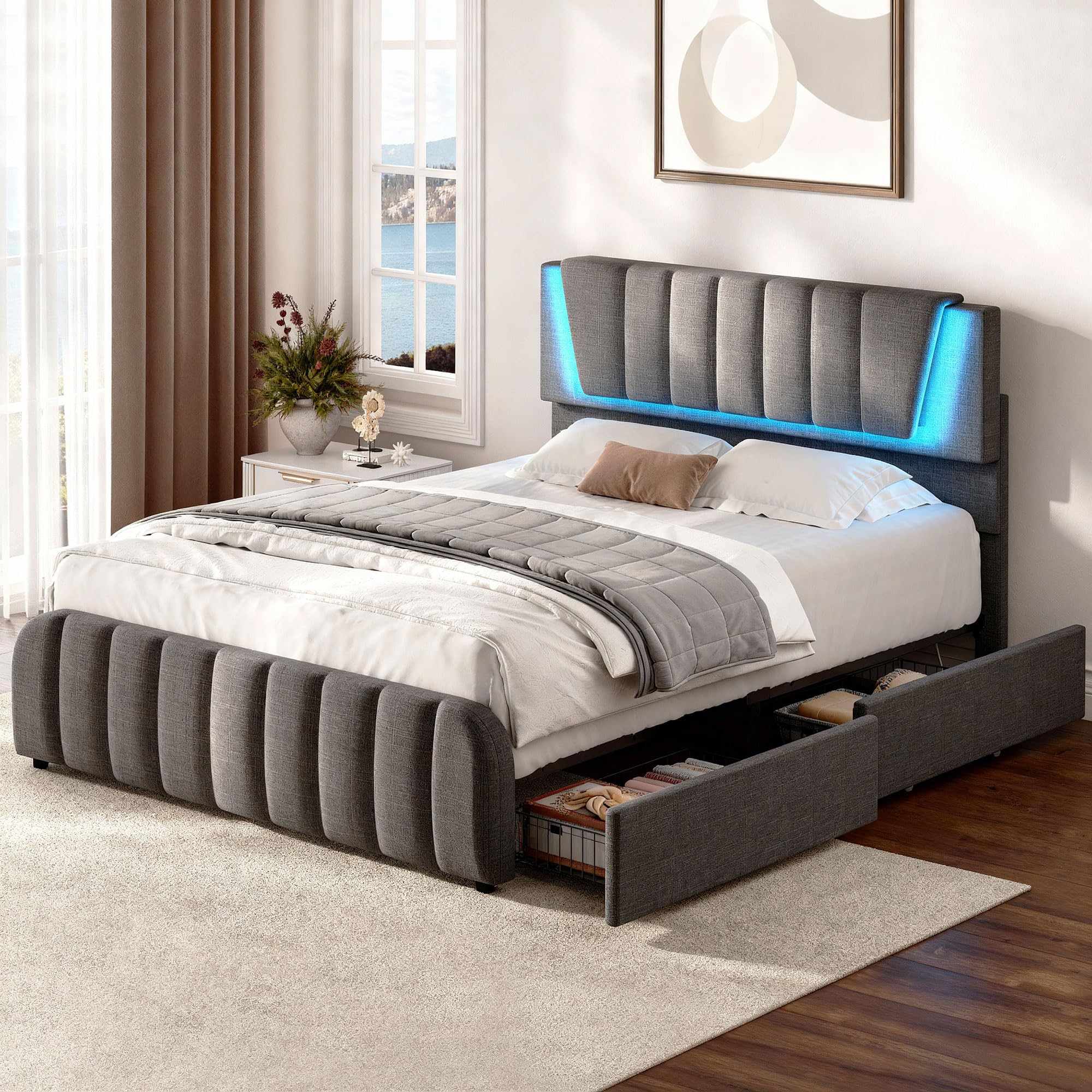 Decofy Queen Size LED Platform Bed Frame with Upholstered Adjustable Headboard, Soft Ambient Lighting, 2 Storage Drawers, Heavy-Duty Metal Support, No