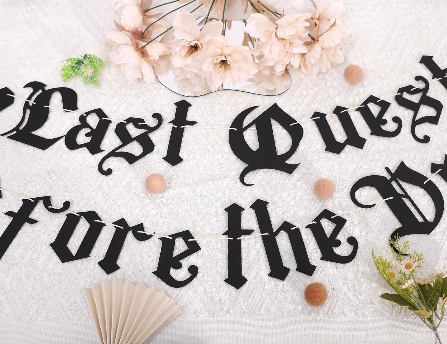 Last Quest Before the Dress Banner - Gothic Bachelorette Party Decorations, Dark Old English Font Heart Garland, Renaissance Faire Sign Photo Props (Last Quest Before the Dress Banner)