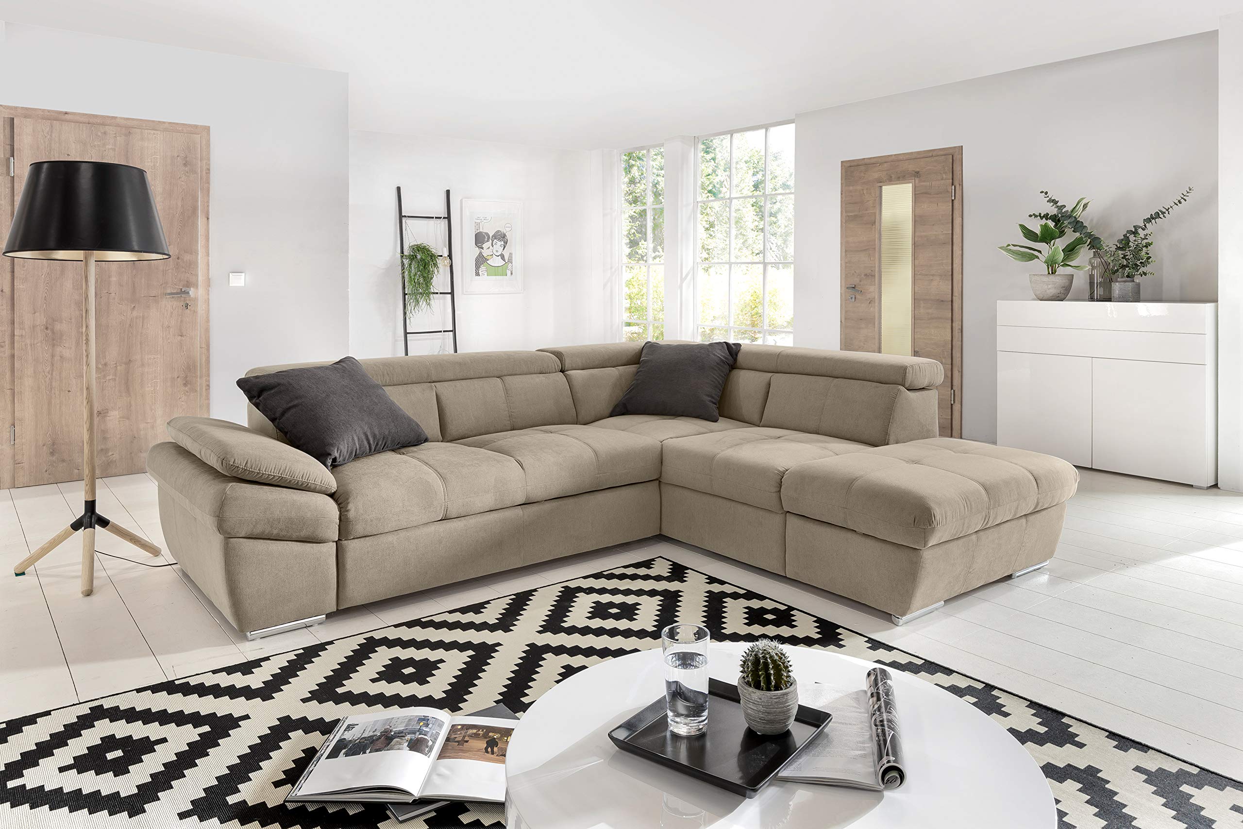 My Brand Divano Letto Angolare con Penisola Contenitore Dx Beige 265x218 cm | Microfibra nappata beige, funzione letto, penisola contenitore destra, divano soggiorno angolare, altezza 92 cm
