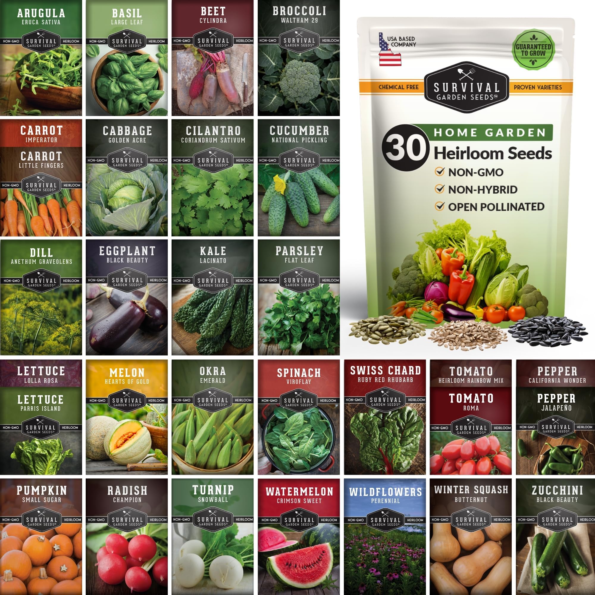 SURVIVAL GARDEN SEEDS Home Garden Collection Vegetable & Herb Seed Vault - Non-GMO Heirloom Seeds for Planting - Long Term Storage - Mix of 30 Garden Essentials for Homegrown Veggies