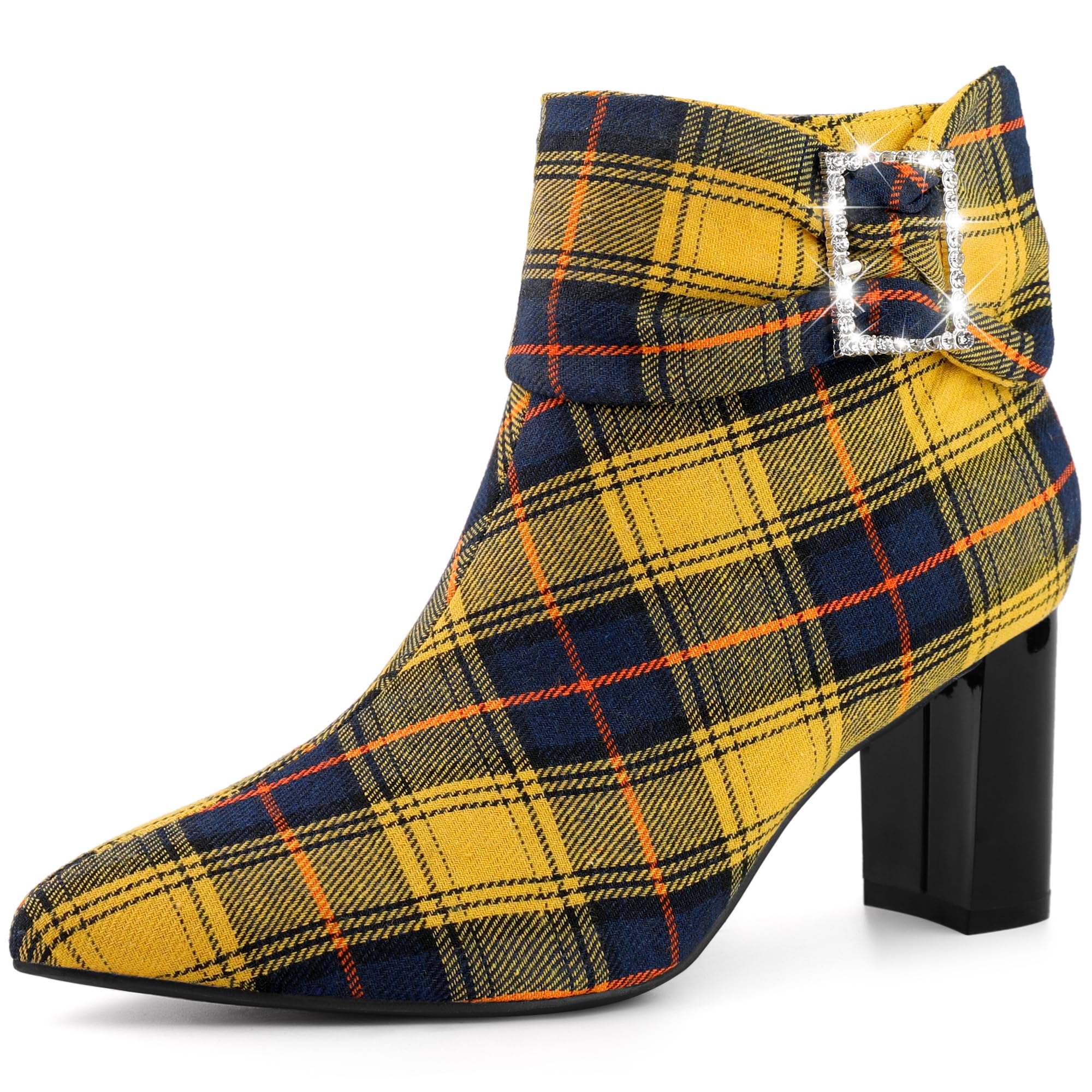 Perphy Plaid Pointy Toe Rhinestone Bow Zipper Chunky Heels Ankle Boots for Women