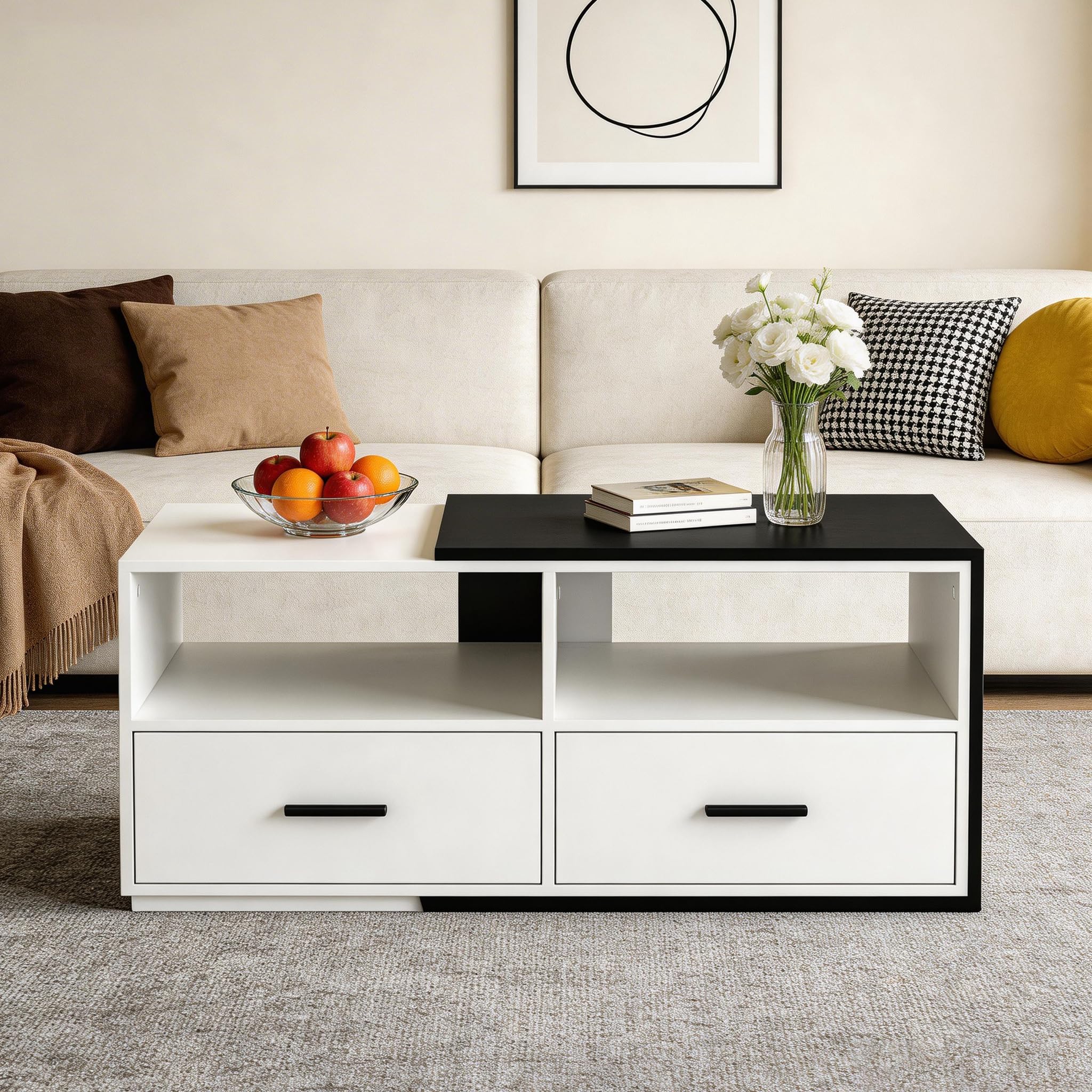 YU YUSING Mesa de Centro Elevable de 91 a 145 cm con 2 Cajones Grandes y 2 Estantes, Madera MDF para Espacios Pequeños, Blanco y Negro