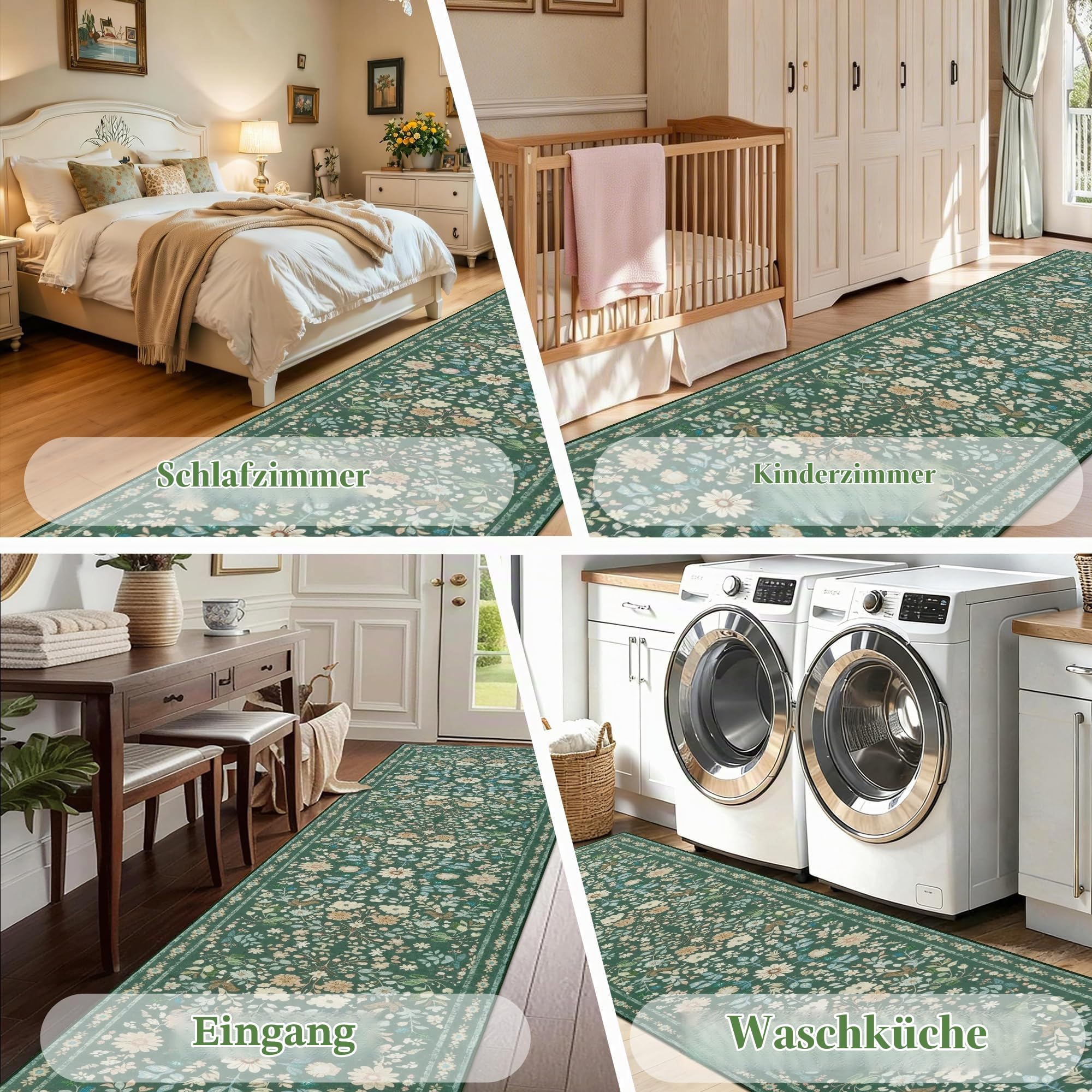 Homcomodar Blumen Teppich Läufer Flur rutschfest 80x300cm Läufer Küche Vintage Boho Teppiche Waschbar Küchenläufer Küchenteppich Grün Teppichläufer für Flur Küchen Eingang Wohnzimmer Schlafzimmer
