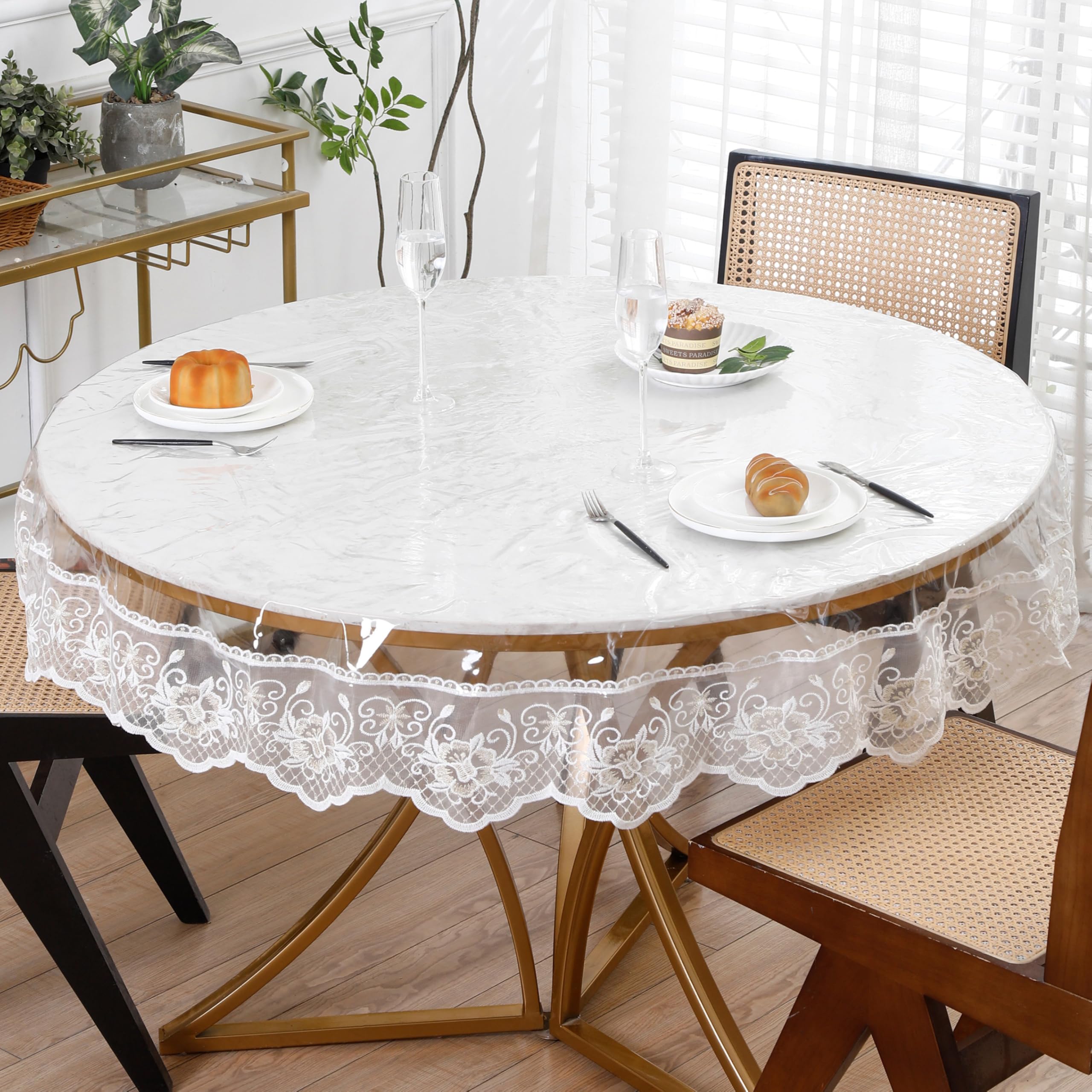 Photo 1 of Clear Round Plastic Tablecloth Protector with Lace Around Waterproof Oil-Proof PVC Table Cloth Stain-Resistant Wipeable Table Cover for Round Table