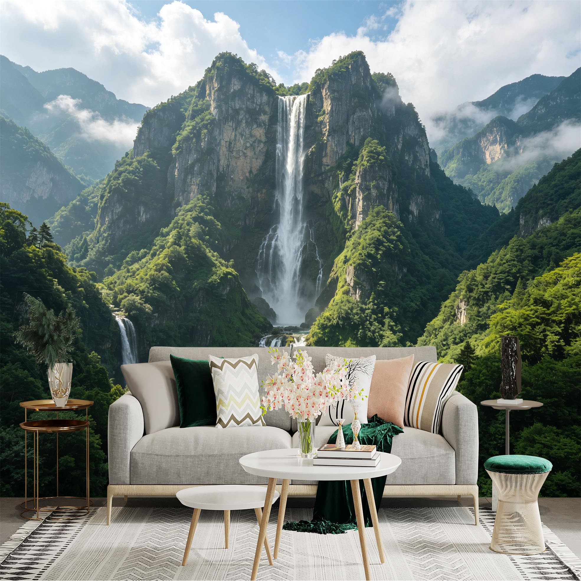Custom Size Wall Sticker Mural， Majestic Waterfall in Lush Green Mountain， Serene Blue Pond， Tropical Landscape， for wall Decoration， peelandstick wall Decals.