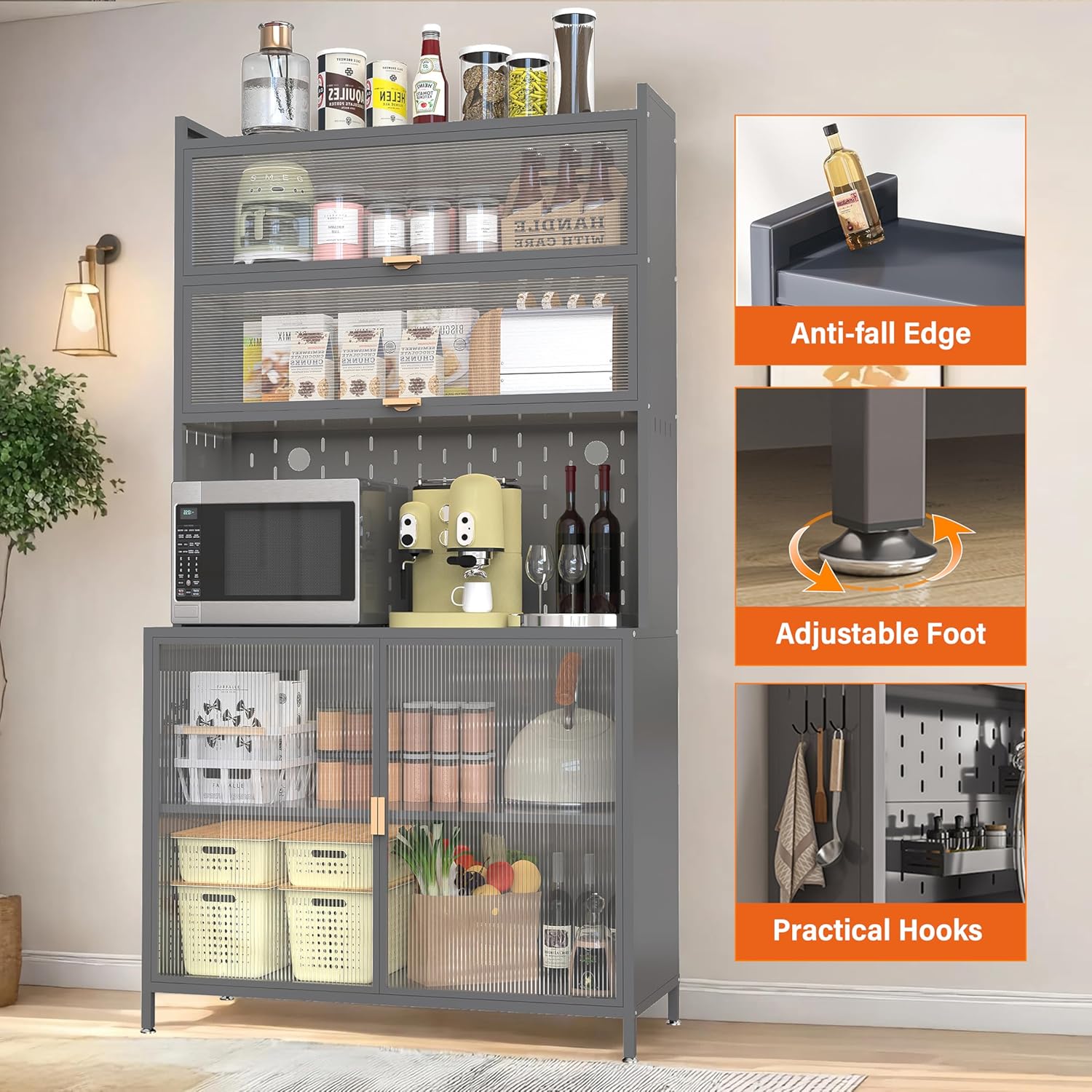 73" Tall Kitchen Pantry Cabinet, Kitchen Storage Rack with Flip Door, Metal Kitchens Hutch with Countertop, Microwave Stand - Gray, Freestanding Pantry Organizer for Bathroom/Office/Living Room