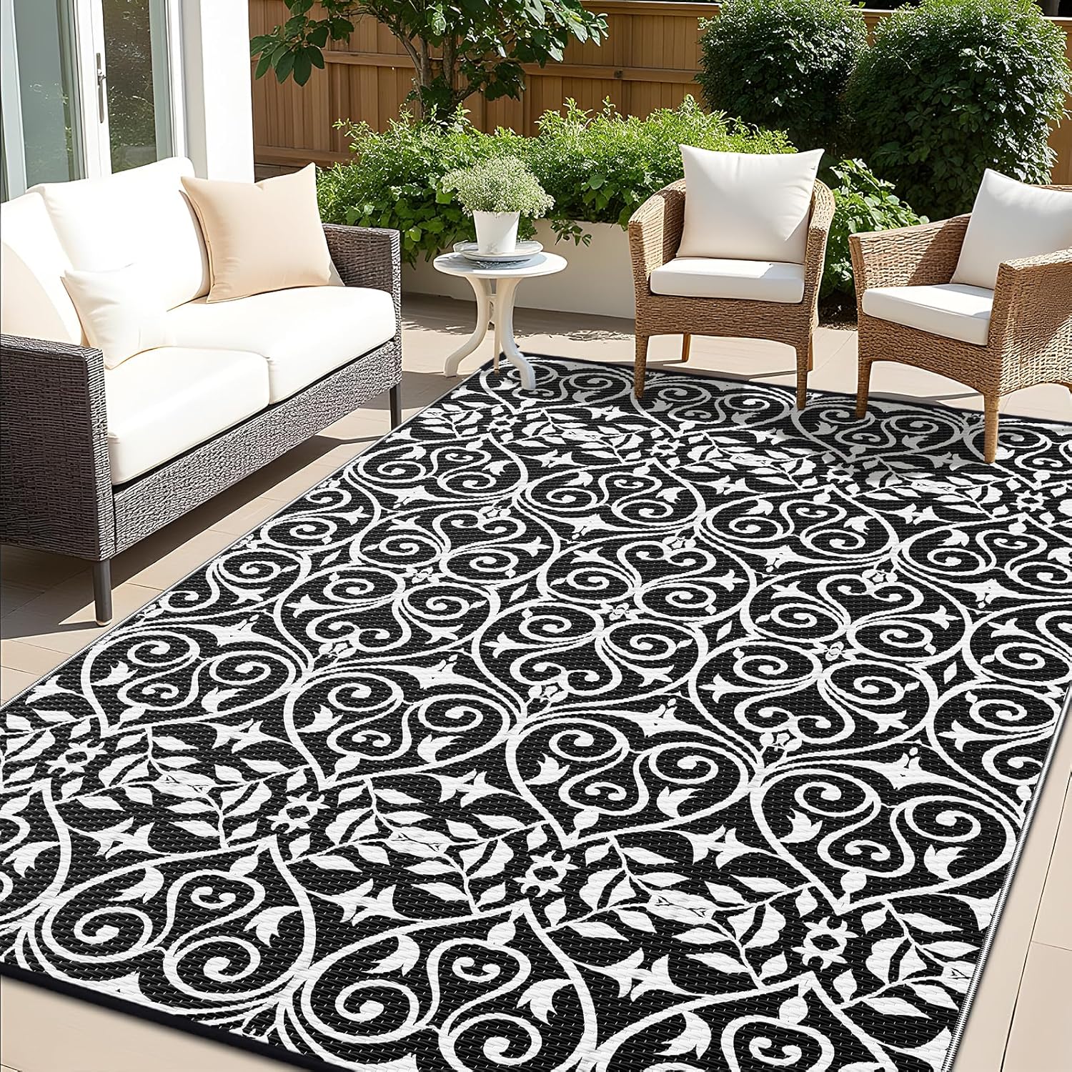 OLANLY Outdoor Rug Waterproof 8x10 ft Clearance, Reversible Outdoor Plastic Straw Rug with Floral Pattern, RV Mat for Patio, Camping, Balcony, Deck, Backyard, Black & White Black & White 8' x 10' (Rectangular)