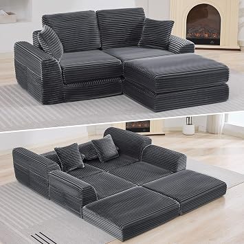 Boneless Couch Modular Sectional Sofa for Living Room, Flannel Cloud Couch Sleeper Sofa Bed with Memory Foam and Reversible Chaise, No Assembly Required & Deep Seat - Grey