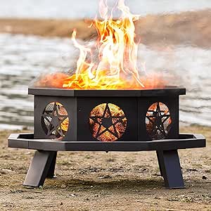 Fire Pit, Outdoor Wood Burning Fire Pit Octagonal Heavy Duty Firepit for Camping, Backyard, Patio