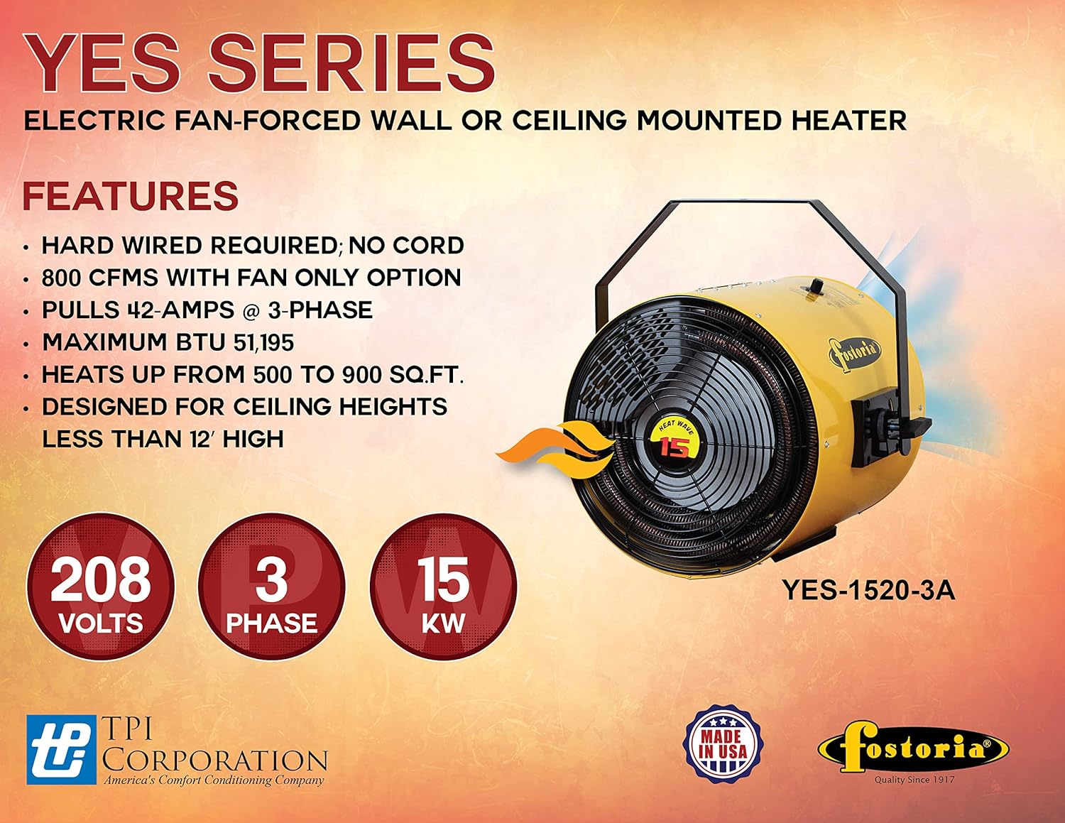 TPI YES15203A Heat Wave YES Series Portable Wall/Ceiling Mount Electric Salamander, 3 Phase, 15KW, 208V, 3PH, 42A, Yellow: Industrial & Scientific