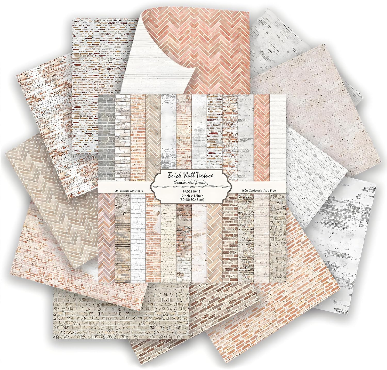 24 Sheets Vintage Brick Wall Scrapbook Paper, Retro Distressed Patterns Decorative Craft Folded Flat for Birthday Wedding Card Making Photo Album Decor, 12'' x 12''