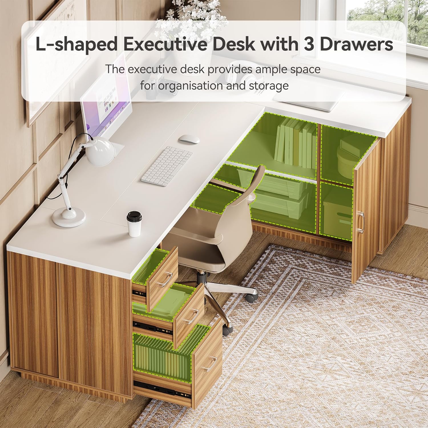 LITTLE TREE 87-Inch Modern Executive Desk with File Cabinet, Large Home Office Desk with Drawers, 3-Drawer Wooden File Cabinet, Spacious Workstation for Home Office (White & Brown) White and Brown image 7 of 8 B0F9NZFDBN