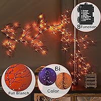 Vista 3 de Hairui - Guirnalda de Halloween con luces, 120 luces de hadas bicolor naranja y morado, 8 funciones, guirnalda negra iluminada de 6 pies, funciona