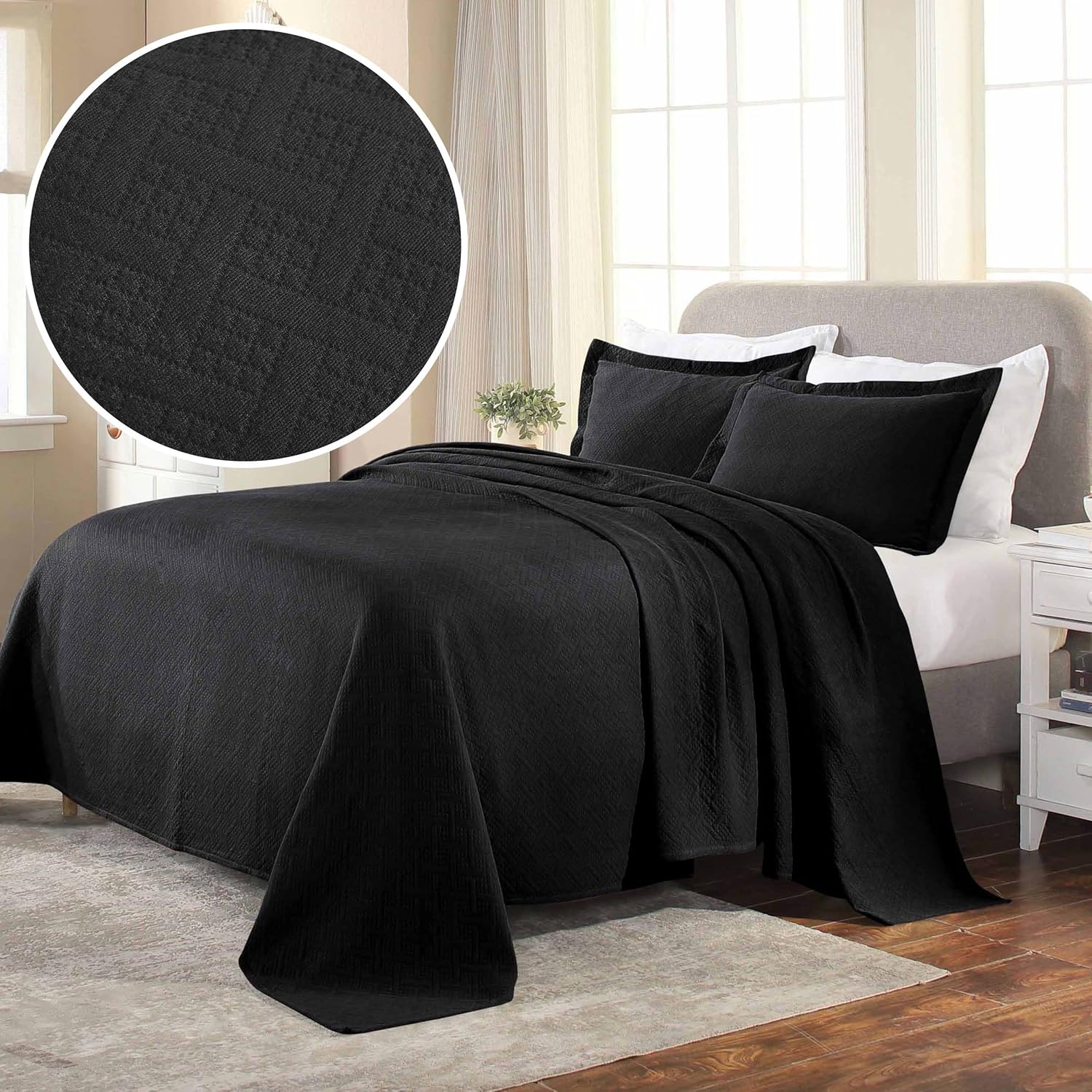 Superior 3 Piece Basketweave 100% Cotton Bedspread Set, Home Bed Decor, Decorative Bed Spread, 2 Pillow Shams, Medium Weight Blanket, Matelasse Coverlet Bedding, Geometric Lattice Pattern, Twin, Black
