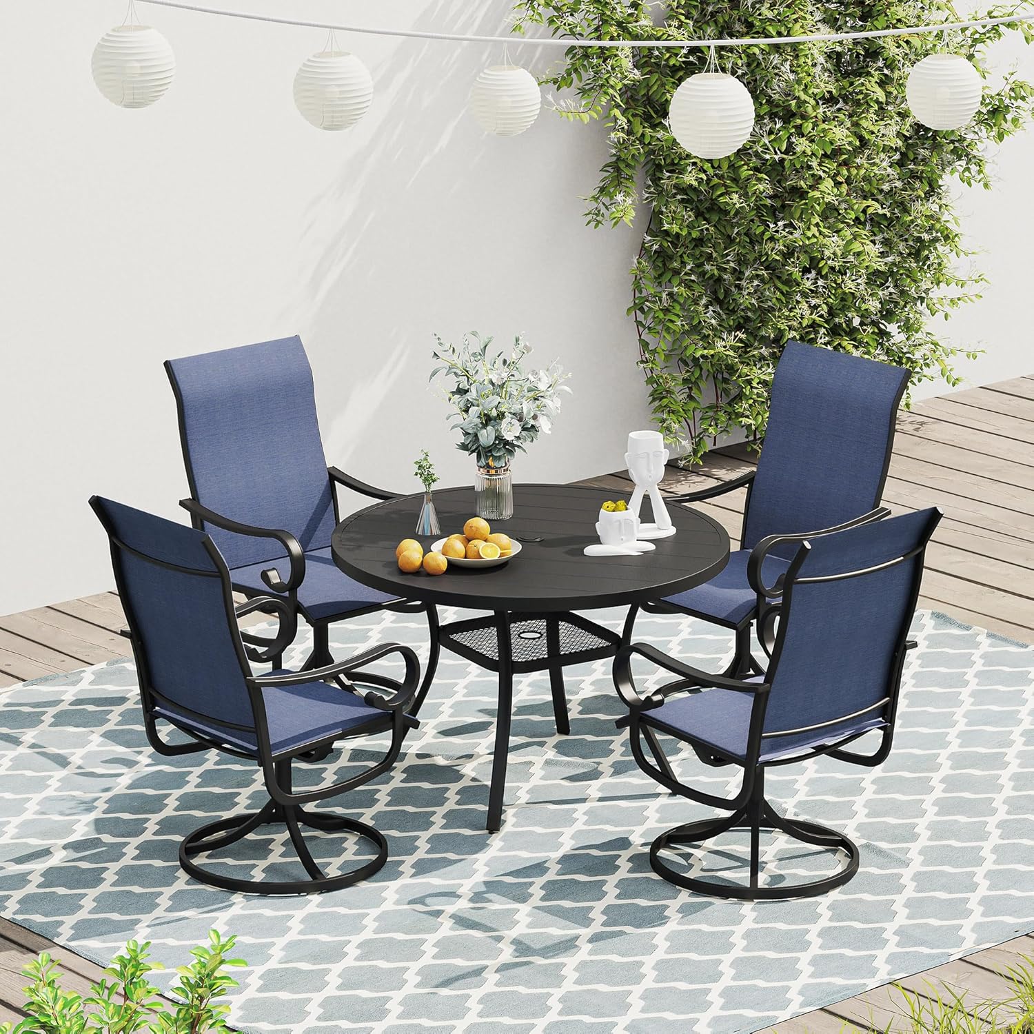 VICLLAX Patio Swivel Dining Chairs Set of 2, Outdoor furnitures Breathable Fabric with Curved Arms for Lawn Deck, Dark Blue Fabric
