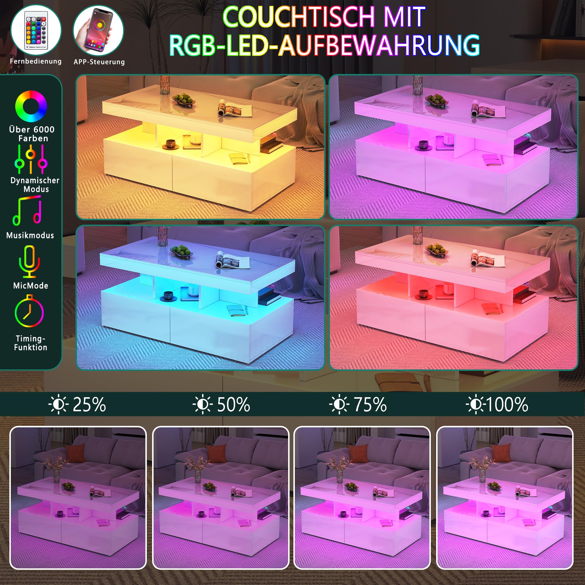 Rechteckiger Couchtisch, Wohnzimmertisch mit LED und 2 Schubladen, Moderner Wohnzimmertisch Weiß Couchtisch für Wohnzimmer (Weiß)