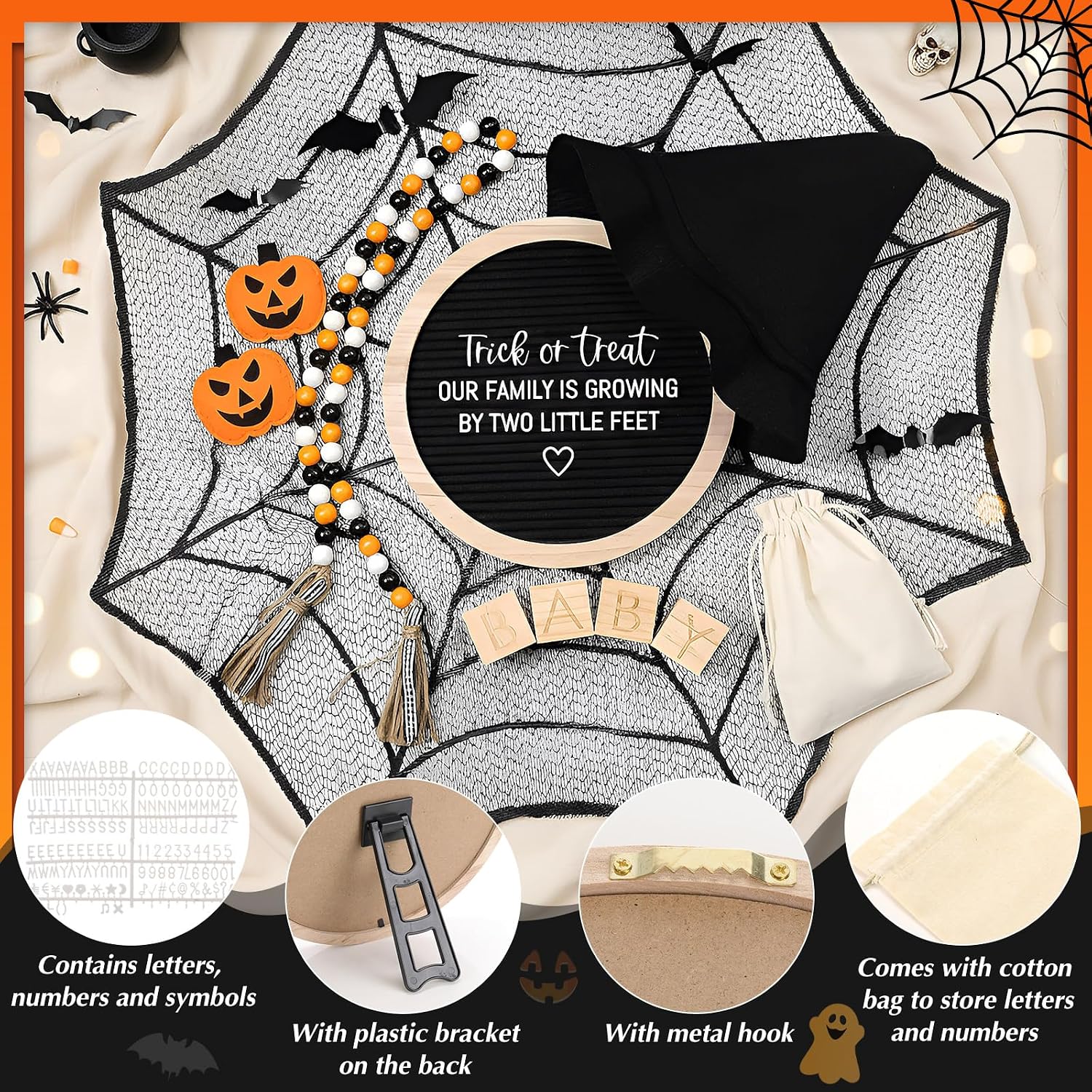 22 Pcs Halloween Pregnancy Announcement Set Baby Reveal Ideas Include Felt Letter Board Witch Hat Lace Spider Web 3D Bat Felt Pumpkin Wood Block Prop Bead for Baby Shower Gender Reveal Gifts