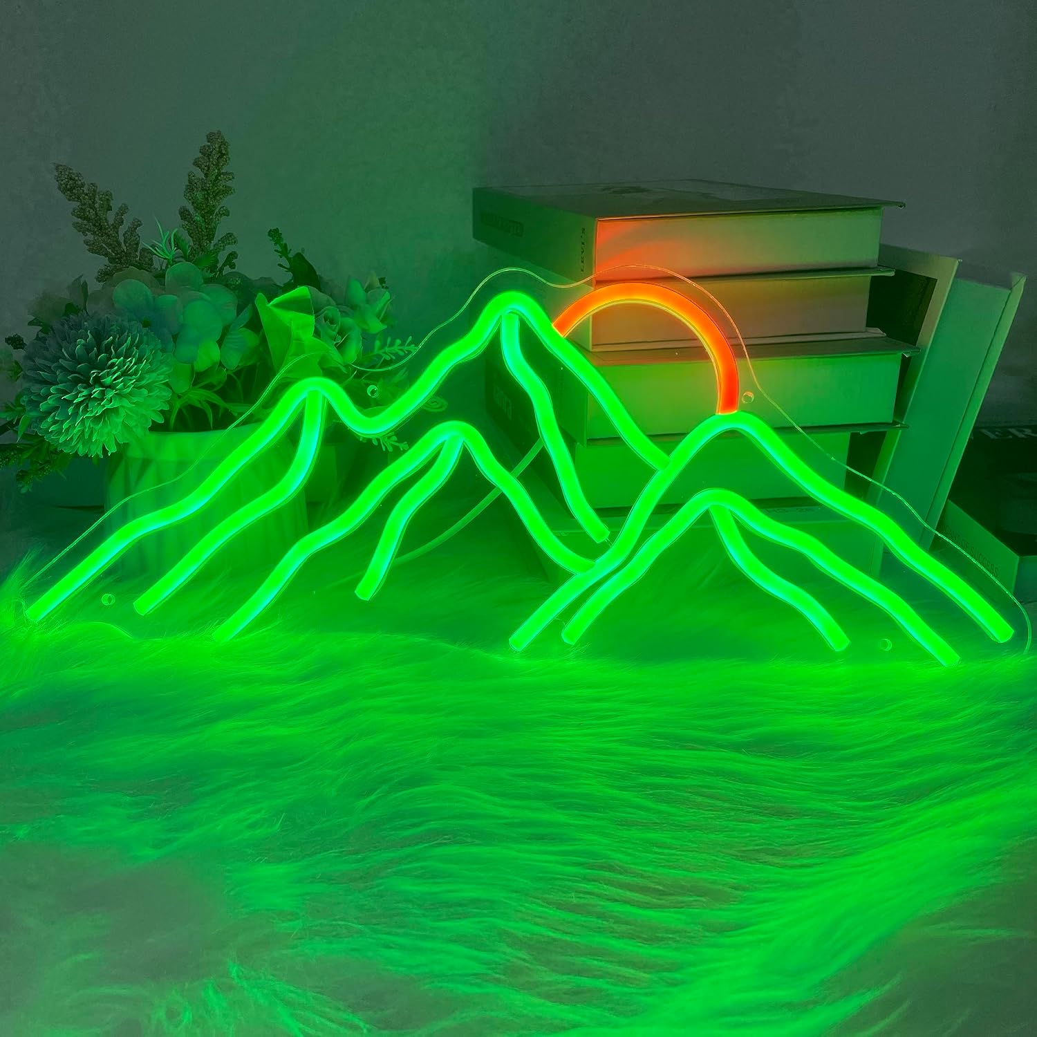 Mountains Neon Sign Sunrise Sunset Custom LED Lights Home Wall Art Decor for Bedroom, Gaming Room, Aesthetic Decorations Party Event Signs for Kids Teens Night Lamp (Green)