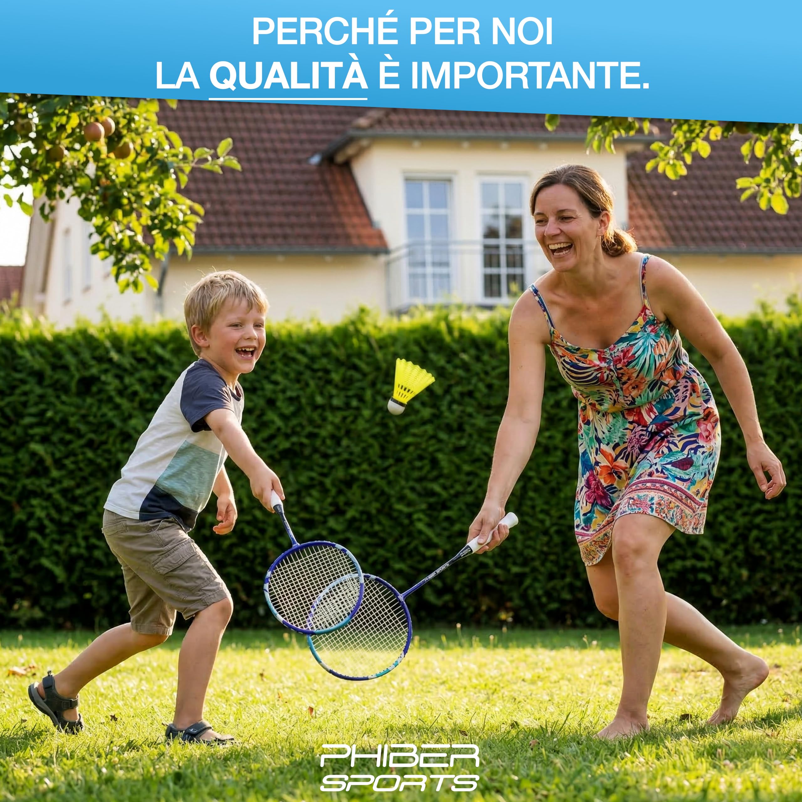PHIBER-SPORTS Set di racchette da badminton – 2 racchette da badminton + 3 volani + borsa – Robusto set di volani per giardino e parco – ideale per principianti e professionisti (set di racchette da