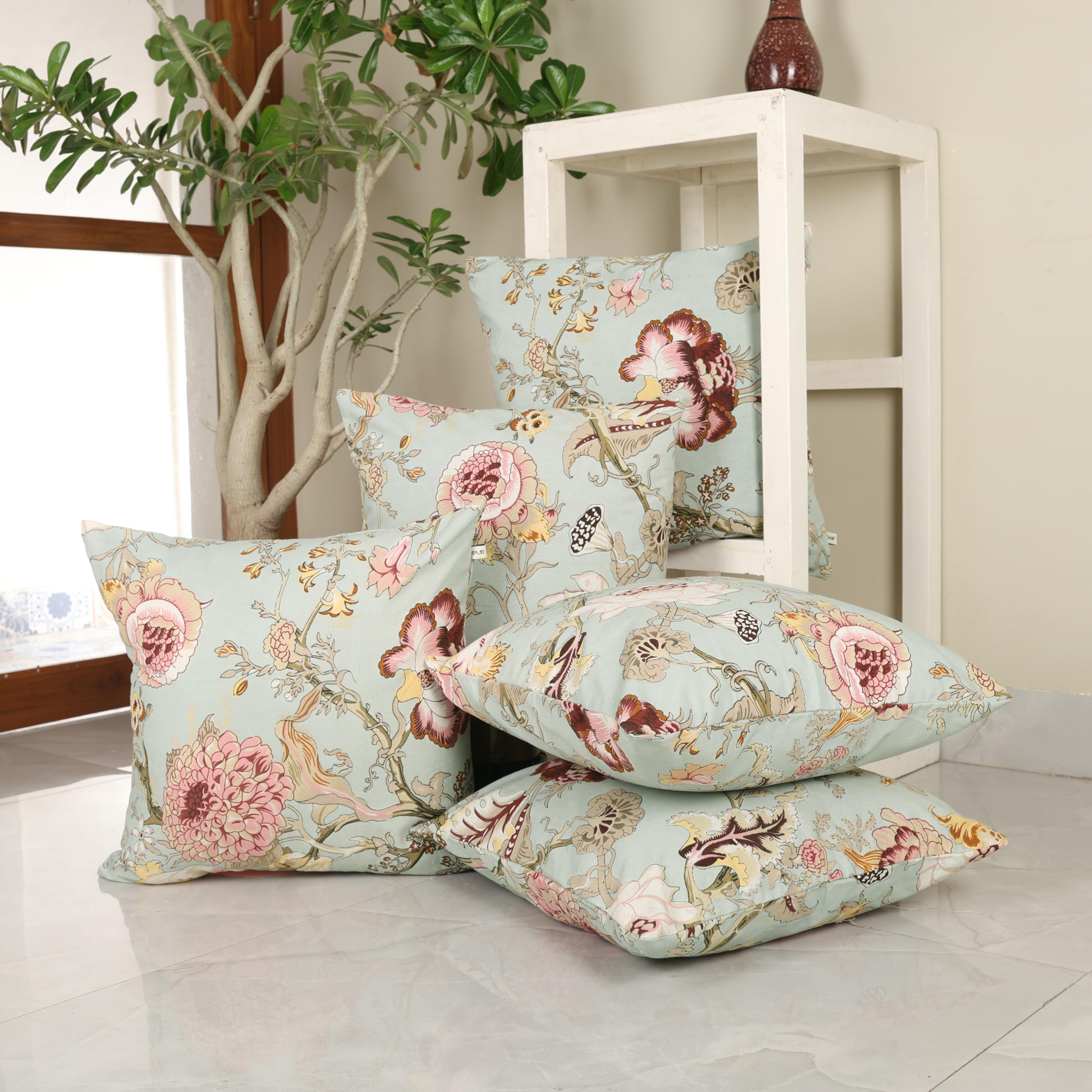 Clasiko Cotton Cushion Covers Set of 5; 22x22 Inches; Blush Green-250 TC