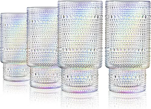 Joeyan Vasos de agua iridiscentes, vintage en relieve, apilables, románticos, juego de cristalería transparente con arco iris, bola alta con cuentas