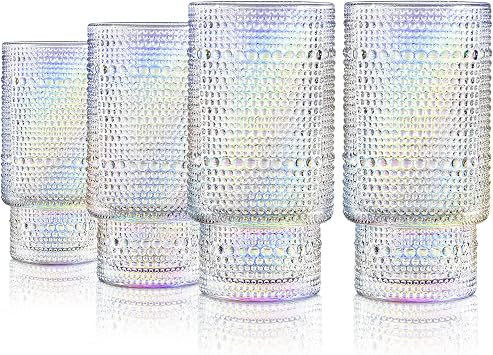 Joeyan Iridescent Drinking Glasses,Vintage Embossed Stacking Water Tumblers Romantic,Clear Hobnail Rainbow Glassware Set,Beaded Highball for Juice Beverages Coffee Tea Cocktail,10 oz,Set of 4