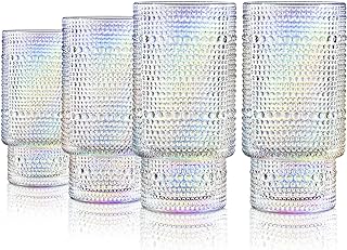 Joeyan Iridescent Drinking Glasses,Vintage Embossed Stacking Water Tumblers Romantic,Clear Hobnail Rainbow Glassware Set,Beaded Highball for Juice Beverages Coffee Tea Cocktail,10 oz,Set of 4