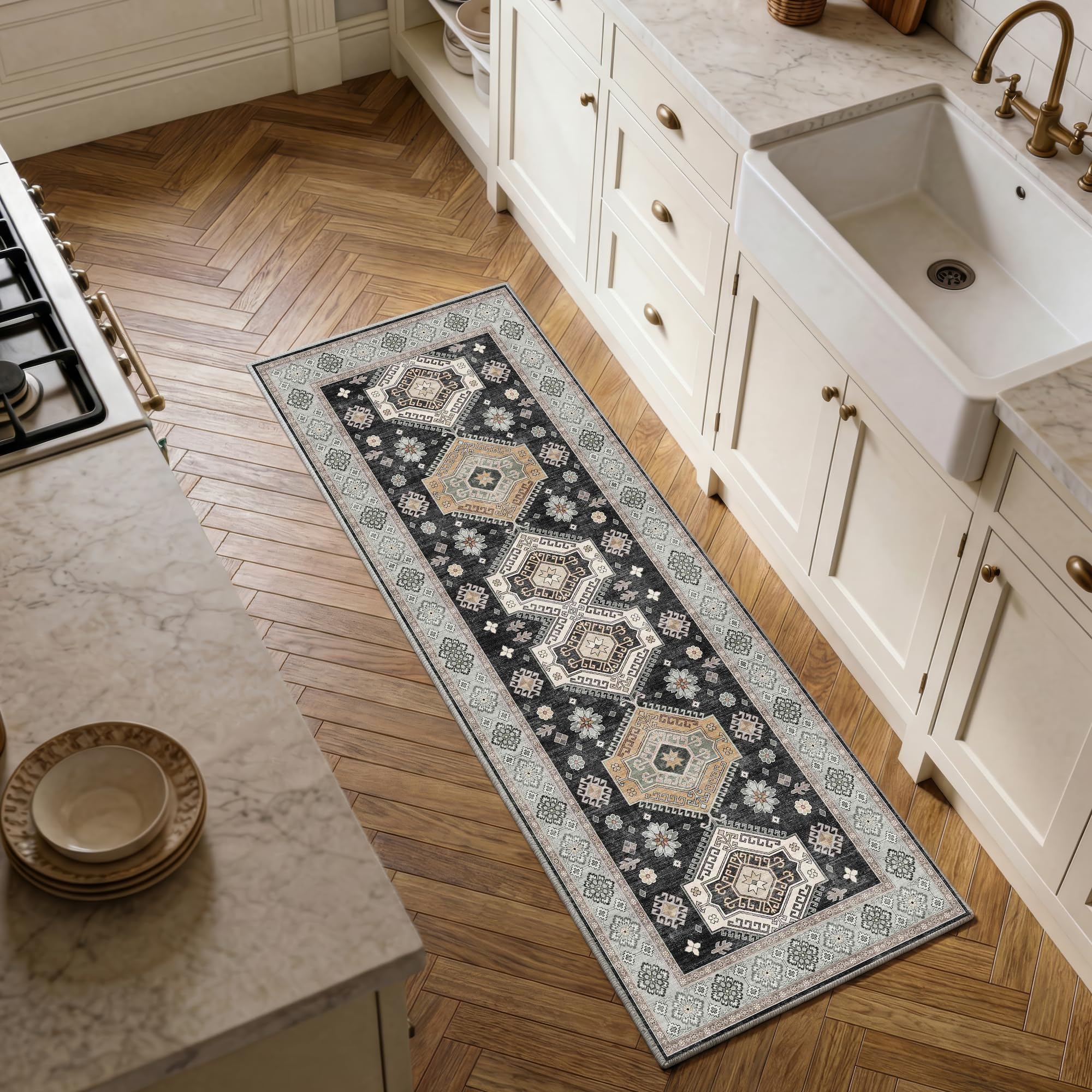 Decoranddecor Traditional Hallway Runner Rug, 60x180cm – Washable, Low Pile, Pet Friendly, Entryway, Kitchen, Easy Clean Durable Carpet – Duskra