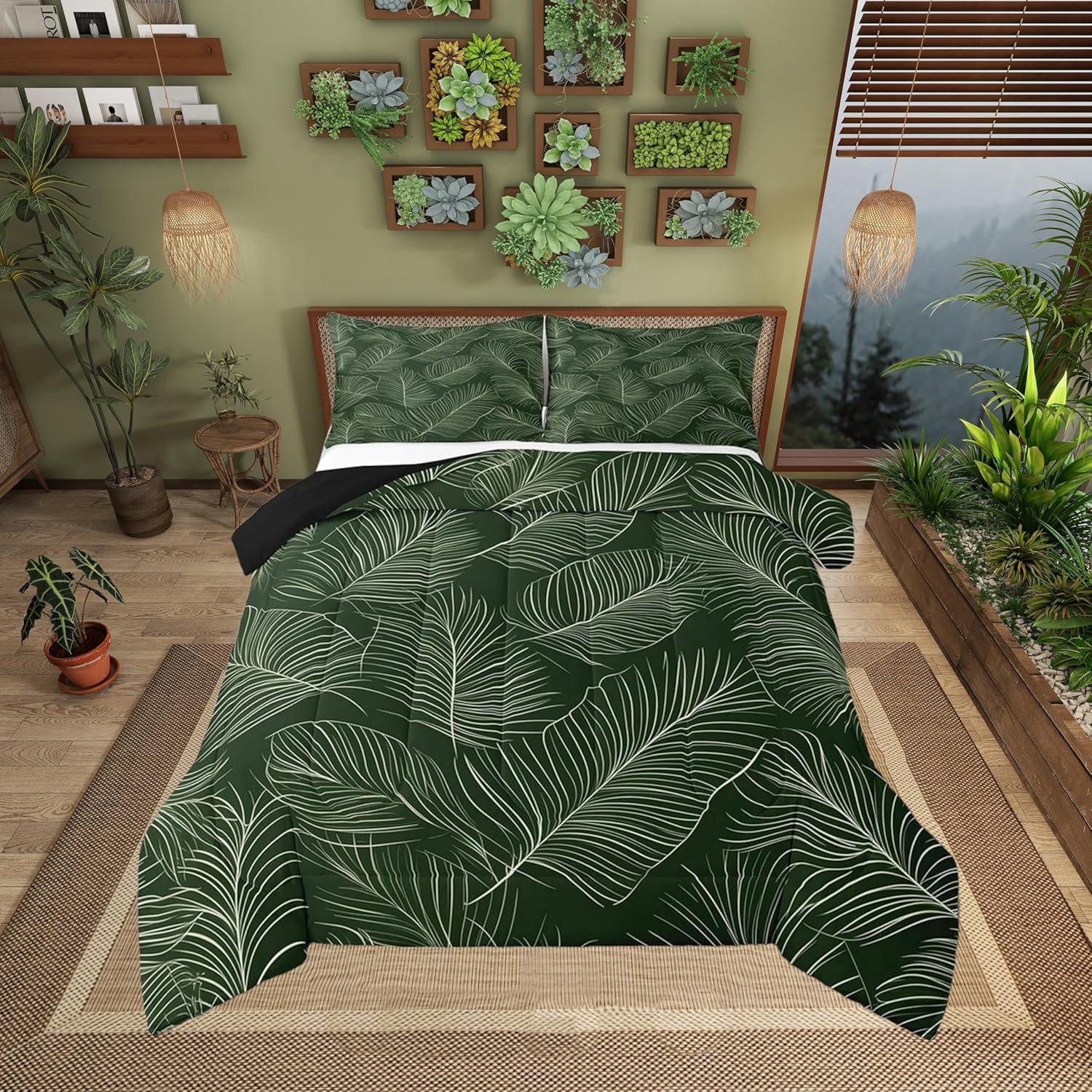 Castle Fairy Botanical Leaves Bedding Set,Simple Geometric Lines Green Leaf Comforter Set for Kids Teens Adults,Sketch Wild Natural Plants Decor Quilted Comforter with 2 Pillowcases Queen Size 3 Pcs