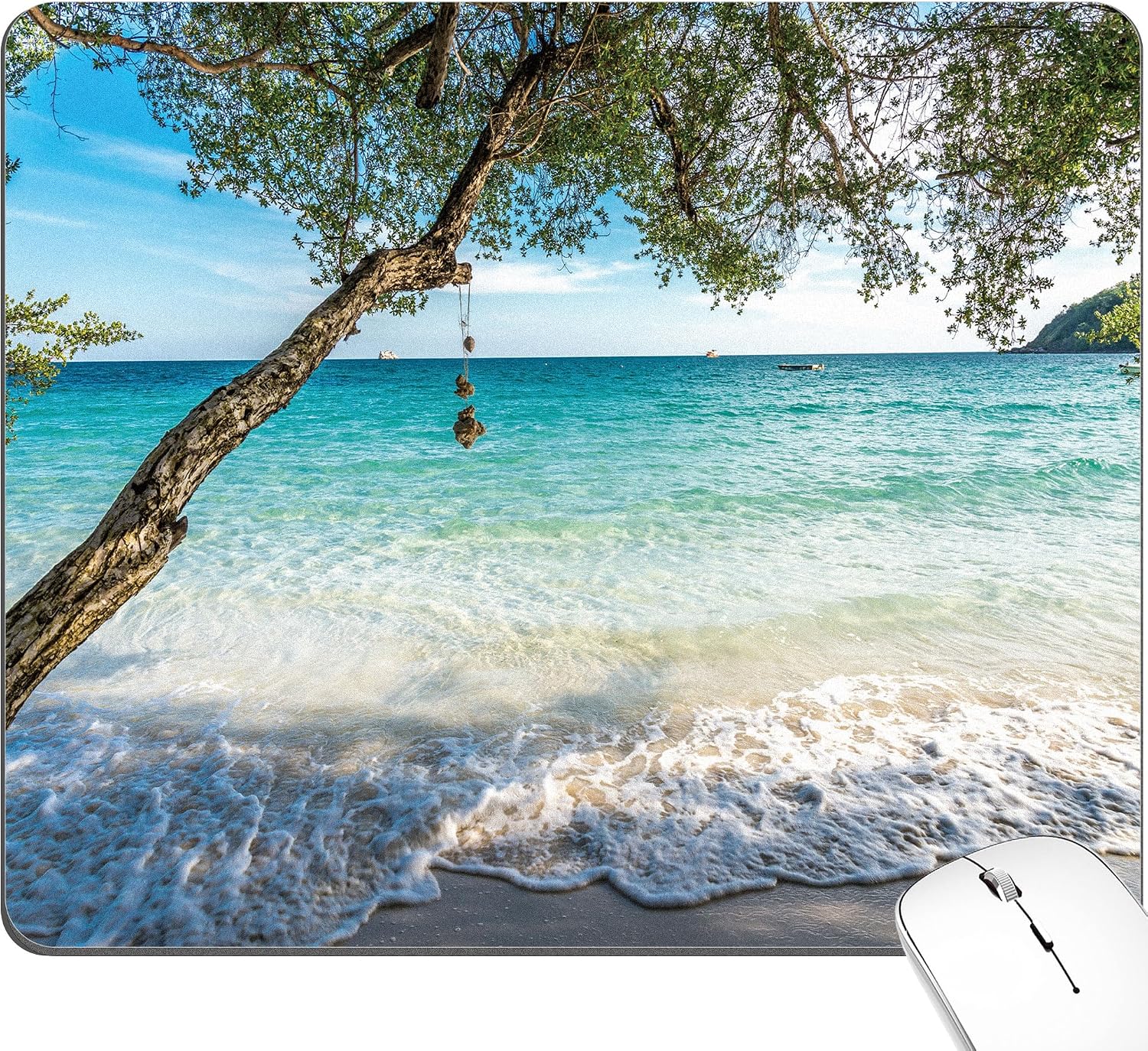 Beach Ocean Mouse Pad Cute Green Tree Sea Teal Mousepad Tropical Nature Aesthetic Small Desktop Desk Mat Office Portable Accessories Computer Laptop Wireless Travel Work Decor Gaming Washable