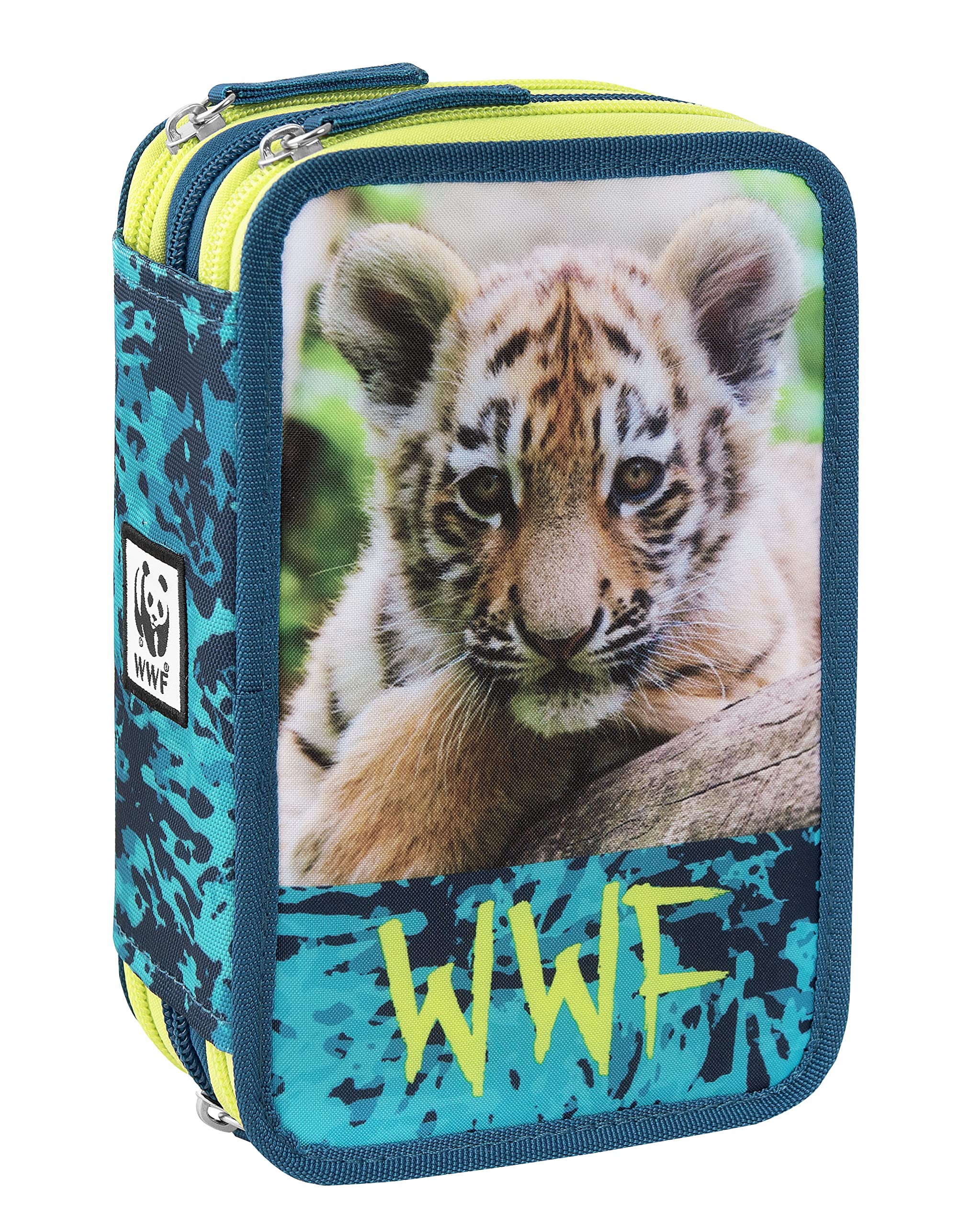 WWF - Astuccio Scuola Ufficiale WWF, Astuccio 3 Scomparti Bambino e Bambina con Set Cancelleria, Penna Cancellabile Blu Frixion e Pratica Chiusura a Zip