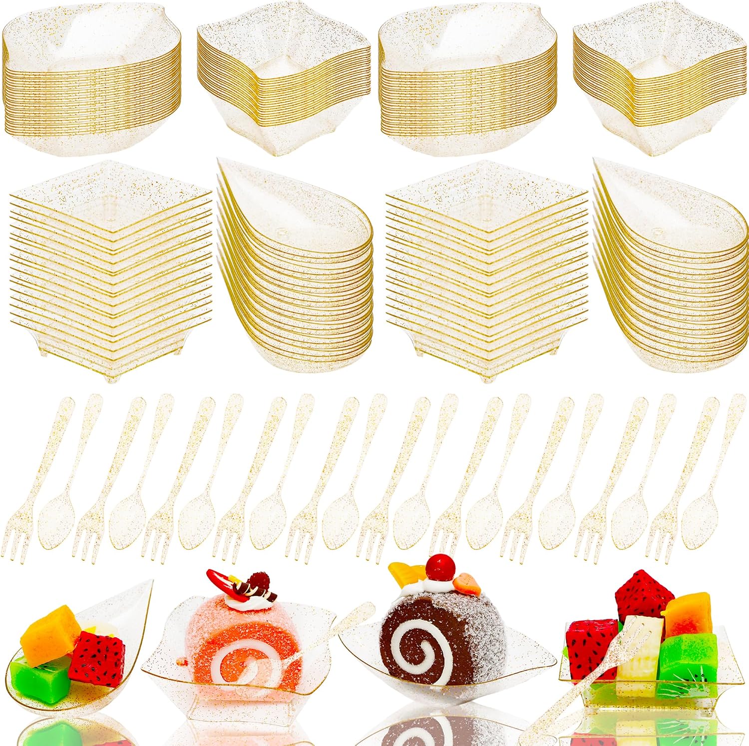 280 Pcs Mini Appetizer Plates with Spoons Forks Set Plastic Square Serving Bowls Dishes Plate Containers for Dessert Candy Salad Appetizer Party Catering Buffet, Gold Glitter, 4 Styles