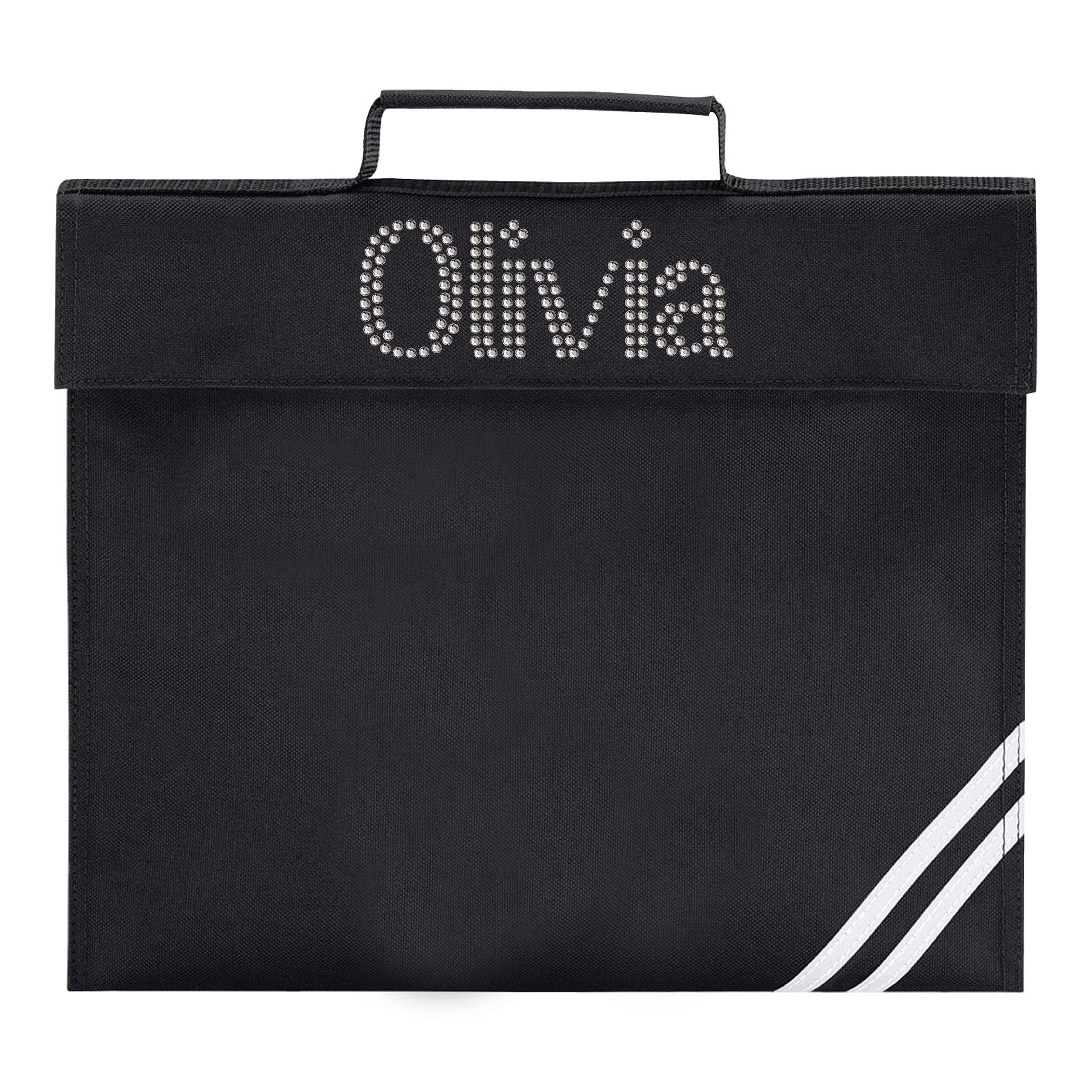 Varsany Personalised Children’s Book Bag Girls Boys, School Bag, Organiser Back, Perfect for Back to Kids School or PE, Gifts and Travel (Black/Rhinestone) — image 1