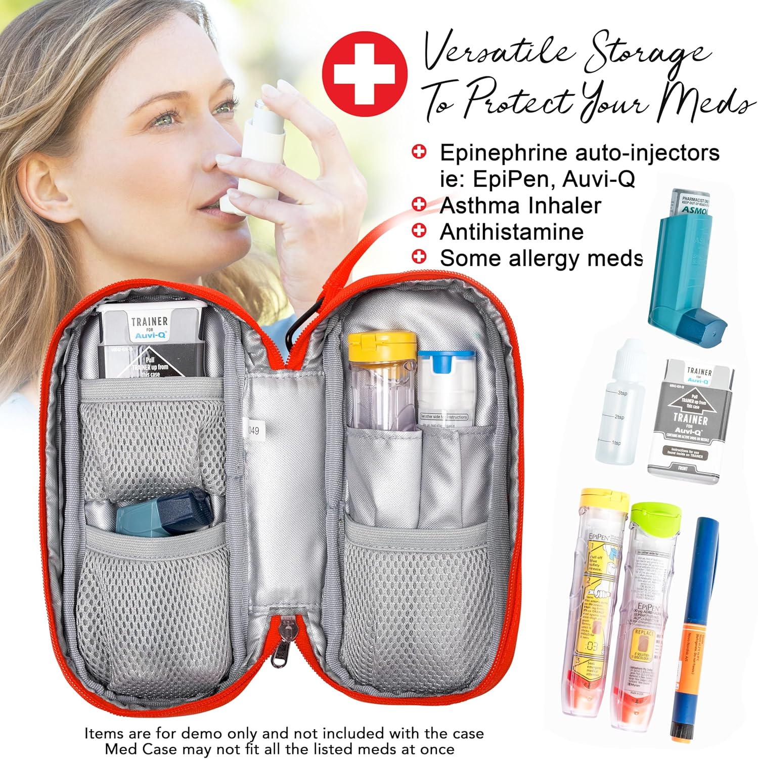 PracMedic Bags Epi Pens Carrying Case- Insulated Epipen Carry Case (Red) | Holds 2 Epi Pens, Auvi-Q or Neffy, Inhaler & Antihistamine. Medical Case for Allergy, Asthma & Diabetes Medicines.