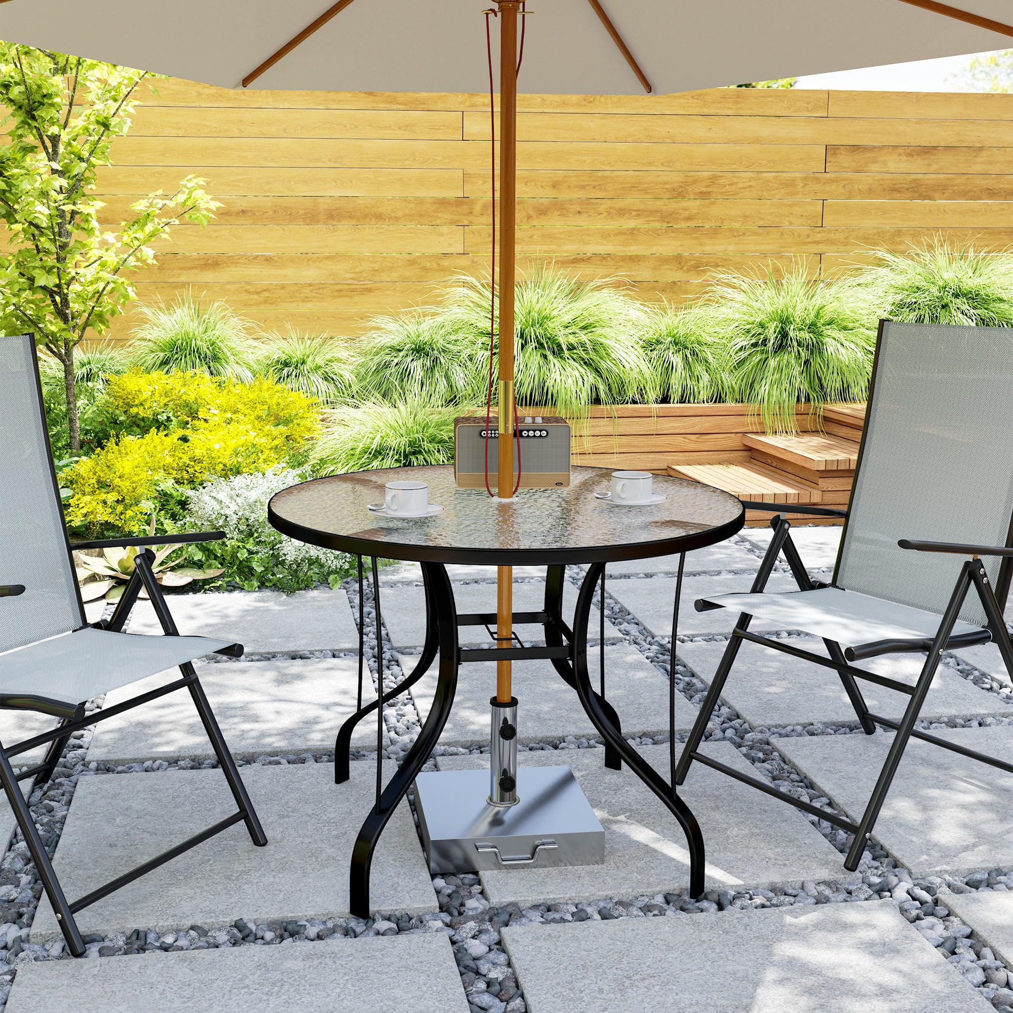 Outsunny Table de Jardin Ronde Ø96.5x71 cm Verre Trempé Métal Noir avec Trou pour Parapluie